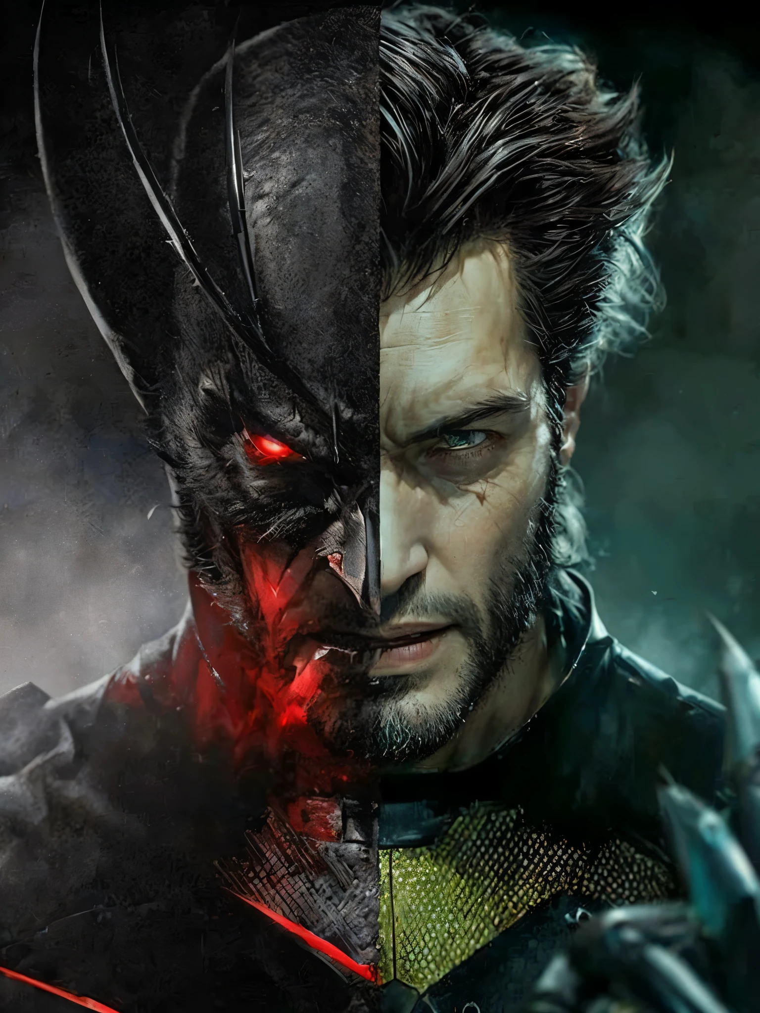a close up of a man with a red eye and a black suit, henry cavill as wolverine, wolverine ate, keanu reeves as wolverine, clint eastwood as wolverine, portrait of wolverine, taron egerton as wolverine, danny devito as wolverine, wolverine, spiderman as wolverine, textless, xmen, the wolverine, x-men, x - men, logan