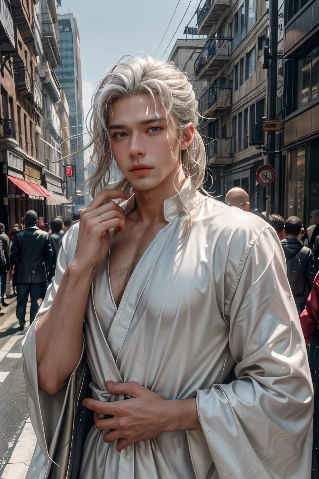 In the heart of the bustling and futuristic city, amidst the chaos and noise, there lies a hidden corner where an adult man with an alluring appearance is huddled. The man, with his fair complexion, sculpted physique, and an abundance of long, silver hair, lies on the dirty and wet ground, bathed in the soft yet mysterious back lighting. His white hair, slicked back yet disheveled, glistens with a natural shine, revealing the real hair textures and sheen.

The man's eyes, beautifully detailed and expressive, hold a deep intensity that seems to tell a captivating story. They are framed by fine lines and wrink