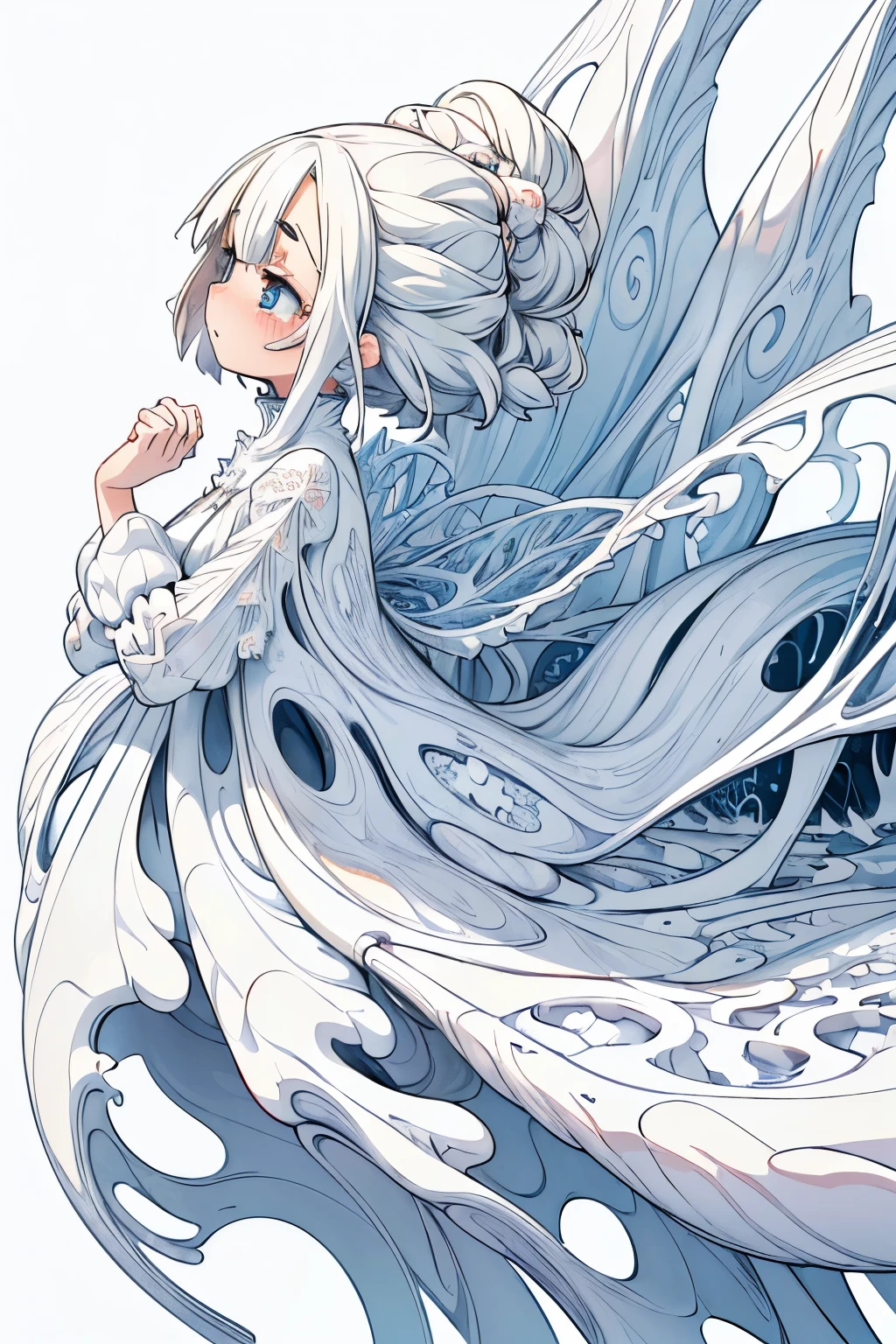 ((Masterpiece)), (Anime:1.3), ((best quality)), (abstract art:1.5), (High Definition), (pale color), wide shot, (fractal structure:1.5), (simple white background:1.6), landscape, (Beautiful), (Biological atmosphere), deep sea, (cute girl), (hollow eyes), beautiful white hair, (Crying), ((eyes trickle down)),