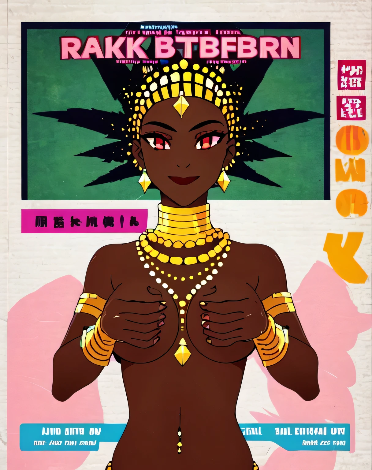 1GIRL, SOLO, KARABA, BLACK HAIR, JEWELRY, EARRINGS, DARK SKIN, NECKLACE, BRACELET, DARK-SKINNED FEMALE, TOPLESS, PIERCING, ARMLET, NAVEL PIERCING, NECK RING, VERY DARK SKIN ,RED EYES, upper body, facing viewer, (looking at viewer:1.5), in the center, smile, (covers her breasts with her hands:1.4)