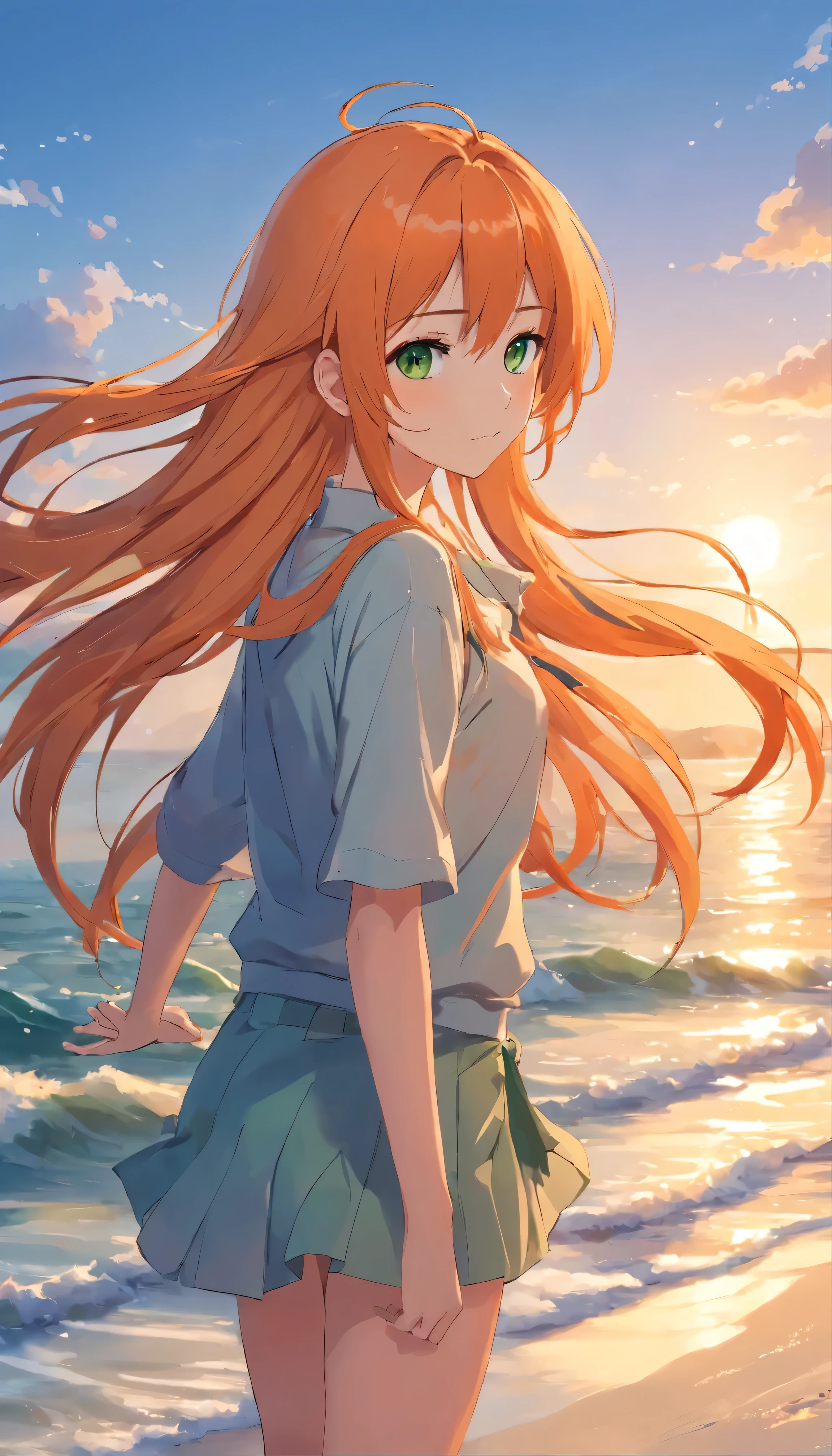 Anime girl with long orange hair, standing on the beach near the ocean, green eyes detailed digital anime art, anime girl with long hair, гладкое аниме cg art, anime girl with long hair, digital anime art, work in Guweiz style, Beautiful anime portrait, Photorealistic render of an anime girl, Beautiful anime girl, advanced digital anime art, guweiz на artstation pixiv HD UHD HQ