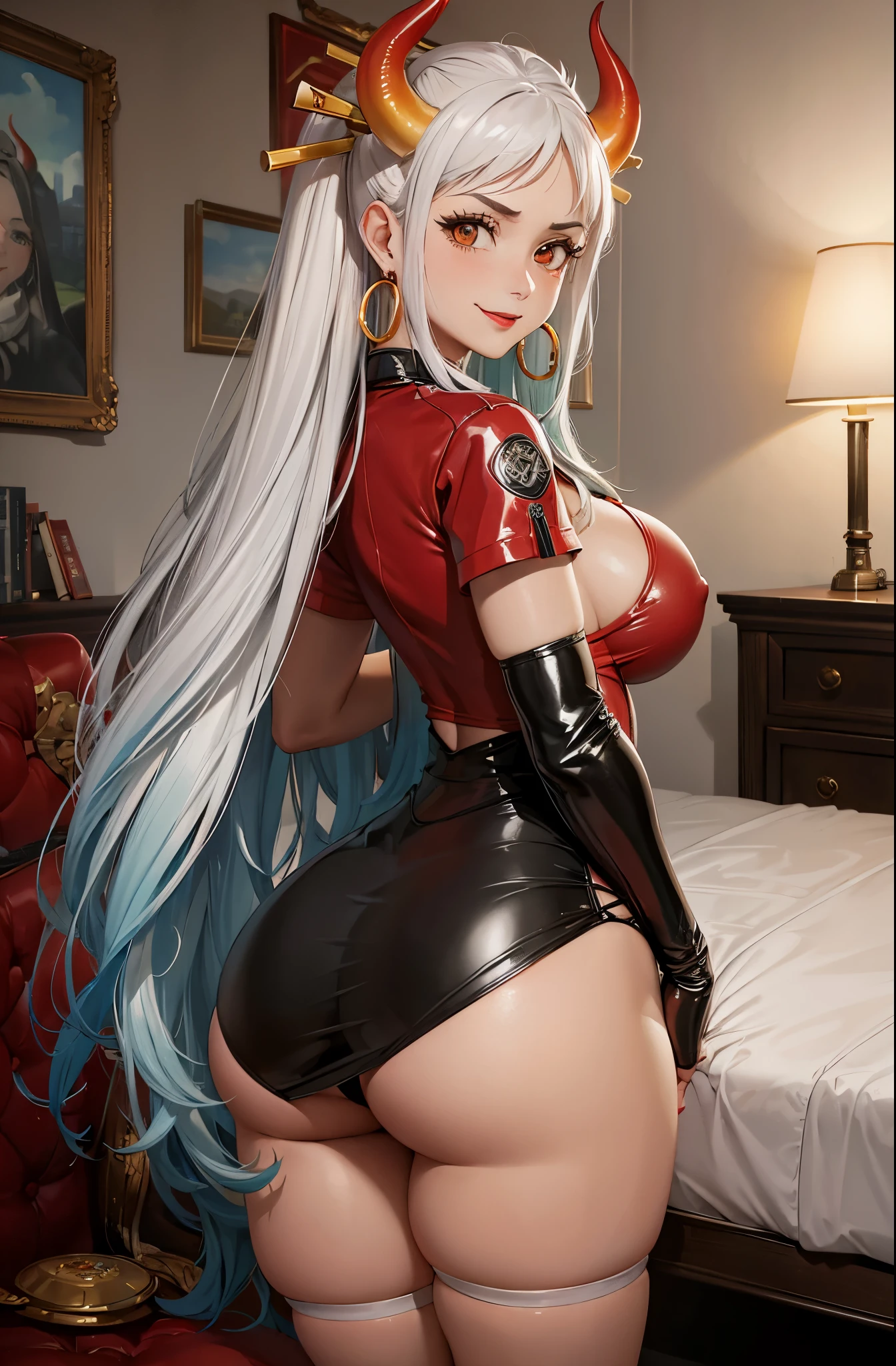 Girl, smile, red lips, big nose, big tits, big , big ass, big butt, long hair, white hair colors, fair skin, red latex tantok colors, black latex skirt colors, black latex gloves colors, white, latex stocking colors, beautiful girl, sexy pose, sexy girl, sexy ass, sexy butt, sexy girl show ass pose, sexy girl show butt pose, ass focus, butt focus, awesome girl, sexy body, big body, big, breats, realistic girl pose, in bed room pose, masterpiece, ((ultra detailed background, delicate pattern, intricate detail)), (highly detailed, fine details), best quality,beautiful lighting, (((medium breasts, slim girl, very slim girl))), (close-up, portrait), YamatoV2, long hair, 1girl, horns, white hair, solo, oni, red horns, curled horns, hair ornament, (multicolored horns), jewelry, earrings, jeans, t-shirt, round neck, outdoors, cowboy shot, hair stick, aqua hair, sidelocks, hoop earrings, hakama, smile, wide smile, ((orange eyes)), complex detailed background, outside, nature environment, rocks, sunny, blue sky, sky,