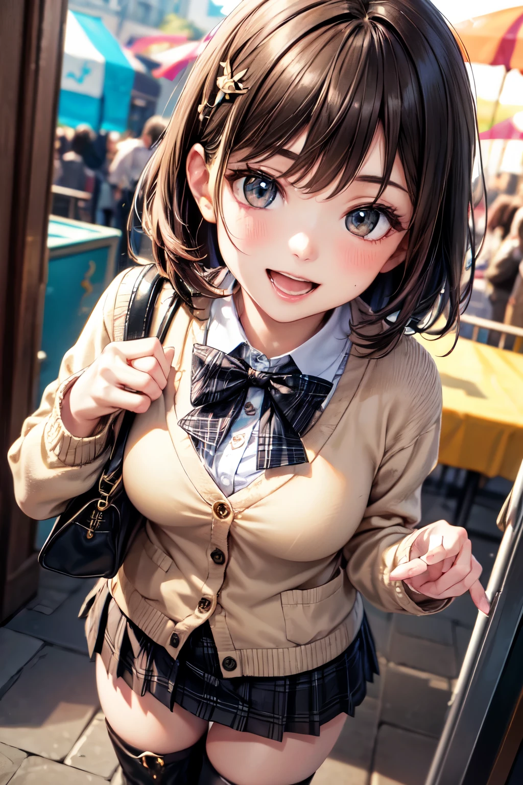 very cute and beautiful girl in amusement park ride,(highly detailed beautiful face),(white blouse),
laugh,happy,(beige cardigan:1.2) BREAK zettai ryouiki,(plaid brown mini skirt:1.2),
hair ornament,black hair,(black shoulder bag),(black boots),
(best quality,masterpiece:1.2),absurdres,highres,ultra-detailed,extremely detailed,32k,8k resolution,
intricate details,cinematic scene,detailed background,solo,dynamic angle,(realistic),perfect hands,