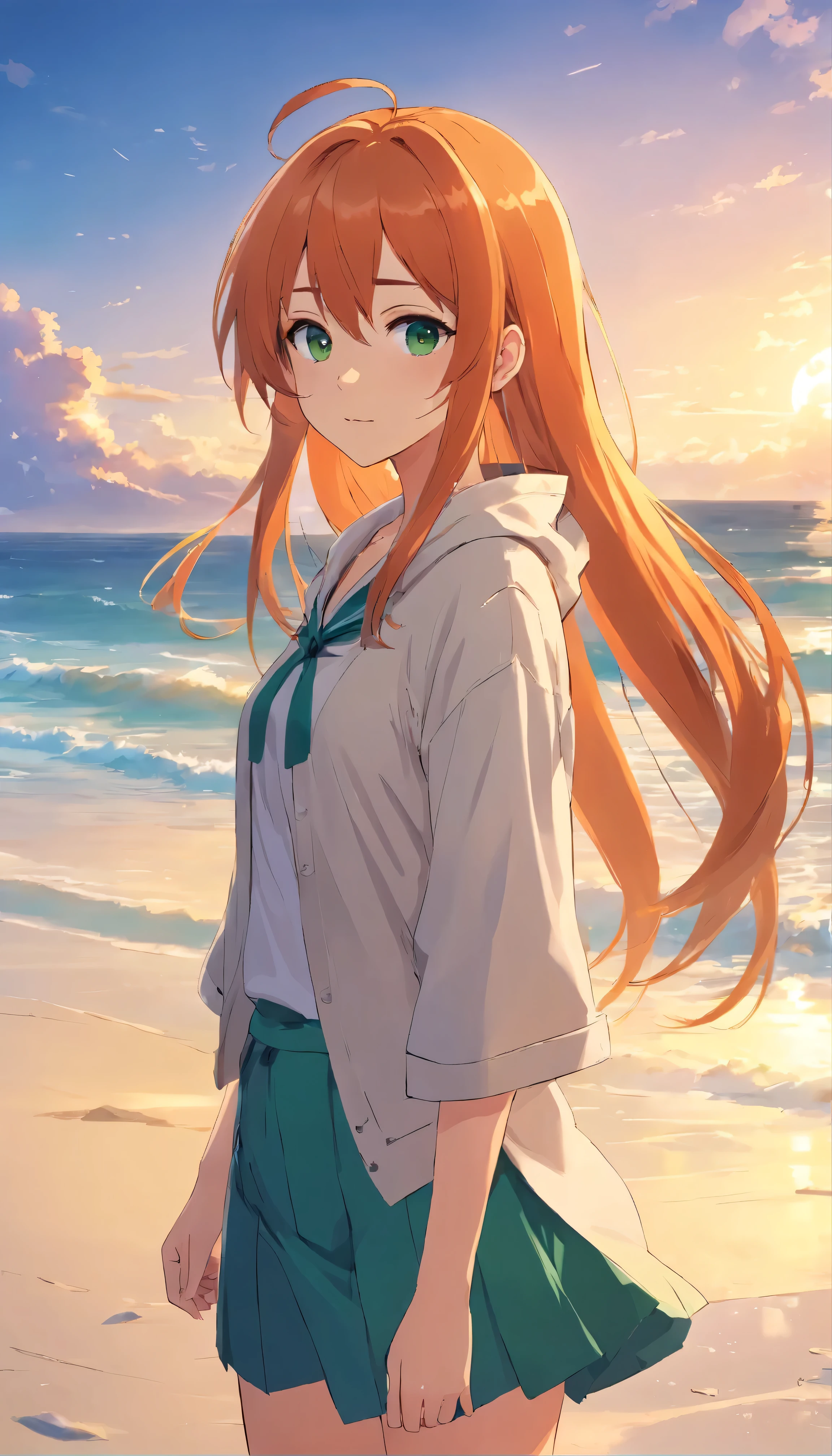 Anime girl with long orange hair, standing on the beach near the ocean, green eyes detailed digital anime art, anime girl with long hair, гладкое аниме cg art, anime girl with long hair, digital anime art, work in Guweiz style, Beautiful anime portrait, Photorealistic render of an anime girl, Beautiful anime girl, advanced digital anime art, guweiz на artstation pixiv HD UHD HQ