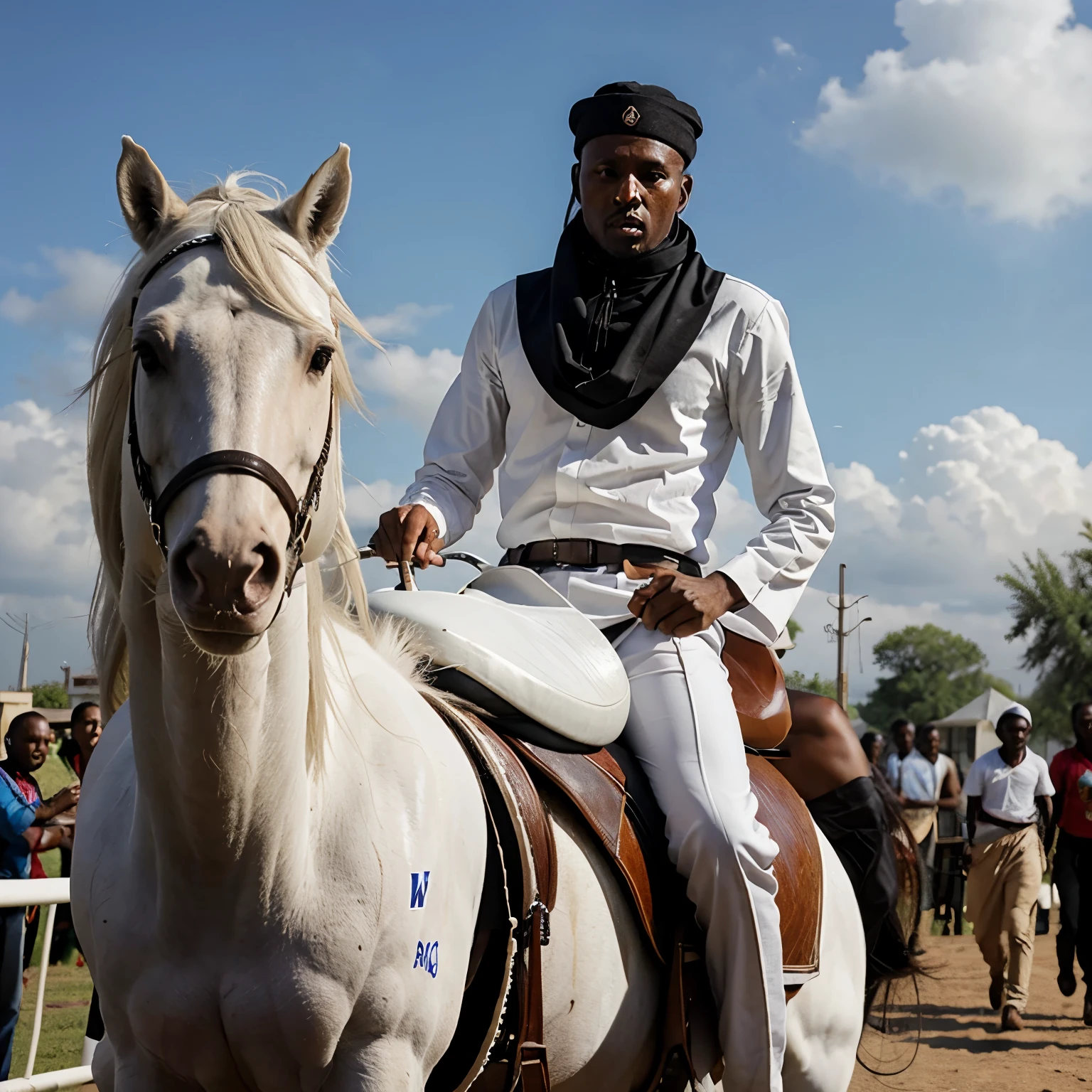 Somali man with long hair riding a white horse ride with fighting enemy