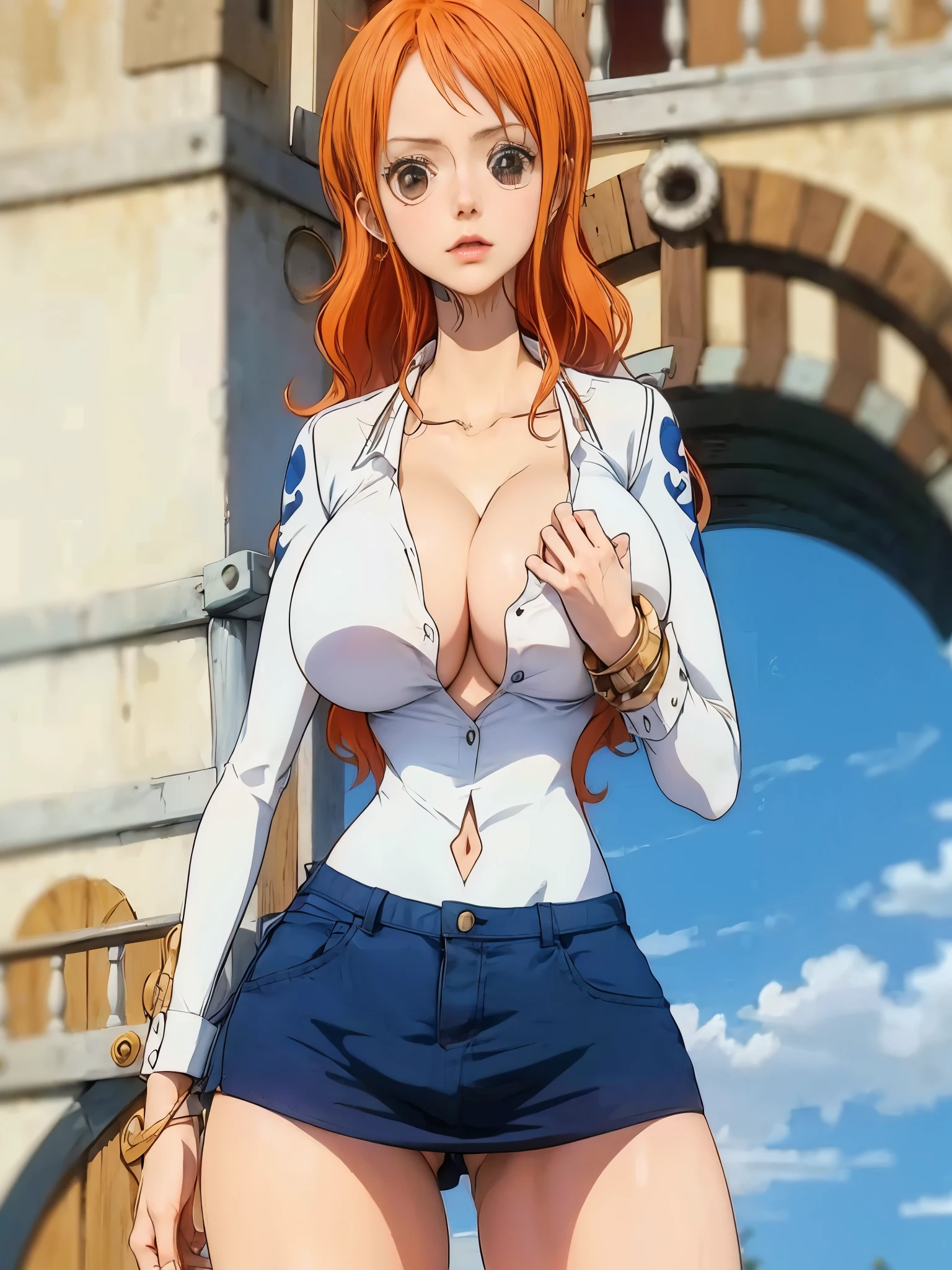 anime girl with red hair and a white shirt posing in front of a building, nami from one piece, nami one piece, beautiful portrait of nami, nami, from one piece, female anime character, anime girl named lucy, one piece, marin kitagawa fanart, official art, seductive anime girl, one piece style, erza scarlet as a real person