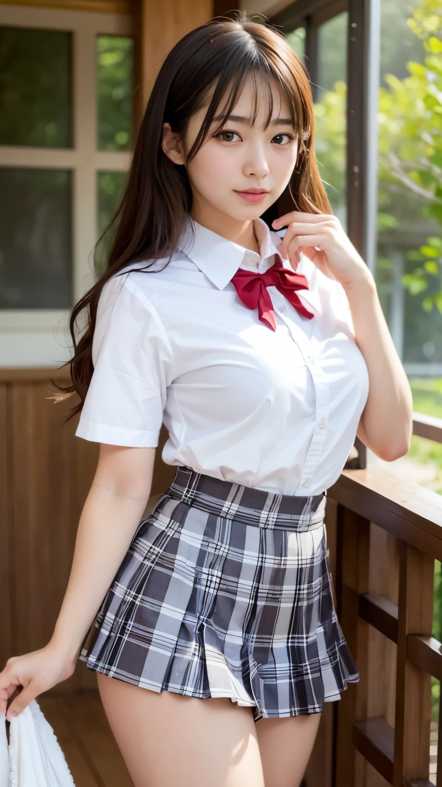 Best-quality, Masterpiece, Ultra-High-Resolution, (Photorealistic:1.4), Raw-Photo, 1girl, 15-years-old, the most famous Japanese idol, wearing Japanese high-school uniform, dynamic-pose, upturned ass wearing white panties under pleated skirt, innocent-smile, extremely cute face like the most popular Japanese idol, extremely beautiful big-black-eyes, extremely beautiful brown-hair, extremely beautiful skins, extremely beautiful long-eyelashes, extremely beautiful lips, extremely beautiful short-body, extremely beautiful hip, extremely beautiful thighs, detailed Japanese-high-school-uniform