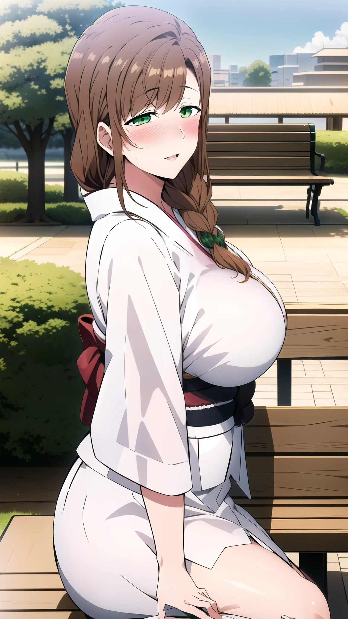 masterpiece, best quality, highly quality ,large breast,, BROWN_hair, long_hair, braid ,parted_lips, cowboy shot, GREEN_eyes, white kimono , park background , (blush:1.2) , sitting , bench , tree , looking at viewer,
