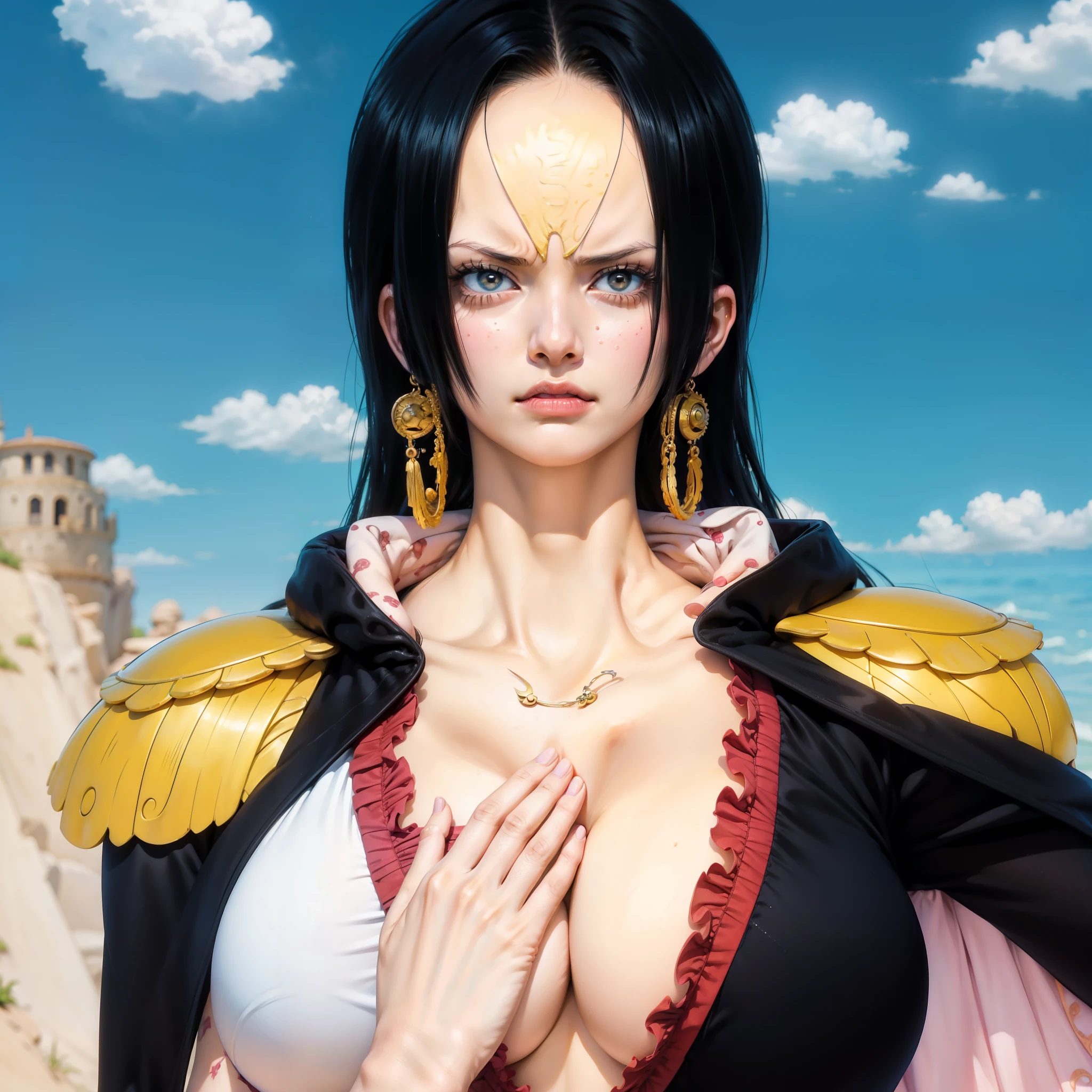 a close up of a person with a very big breast, from one piece, oda non, best anime character design, female anime character, nico robin, luffy (one piece, anime girl named lucy, but a stern look about her, nami one piece, anime best girl, her black hair is a long curly, luffy gear 5, one piece