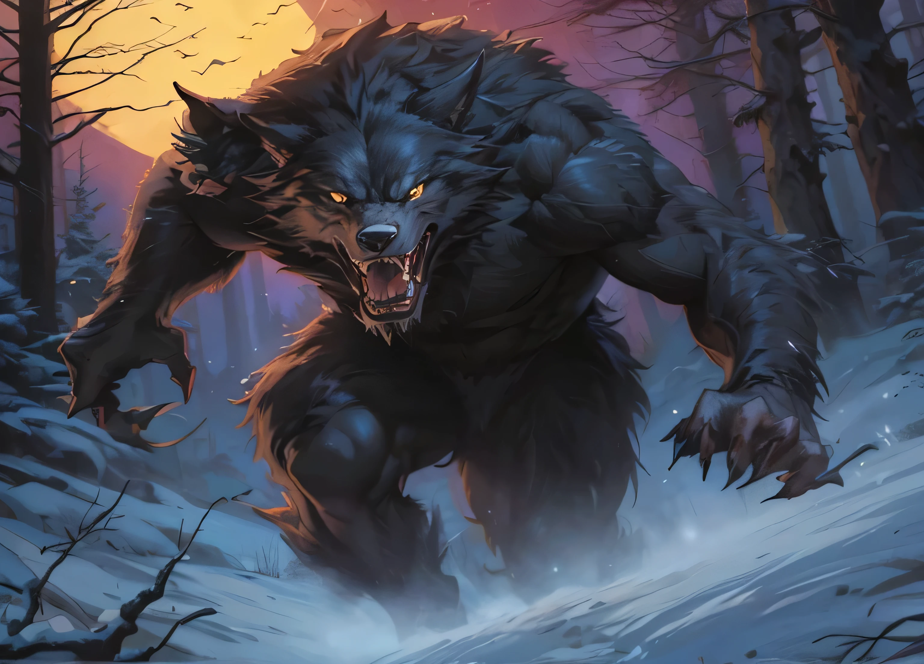 a painting of a werewolf walking through a snowy forest, inspired by Joe Jusko, fenrir, muscular werewolf, werewolf, a minotaur wolf, werewolf?, werewolf”, portrait of a werewolf, by Joe Jusko, dark grey wolf o'donnell, collectible card art, magic the gathering card art, black wolf, demon-fang gnoll