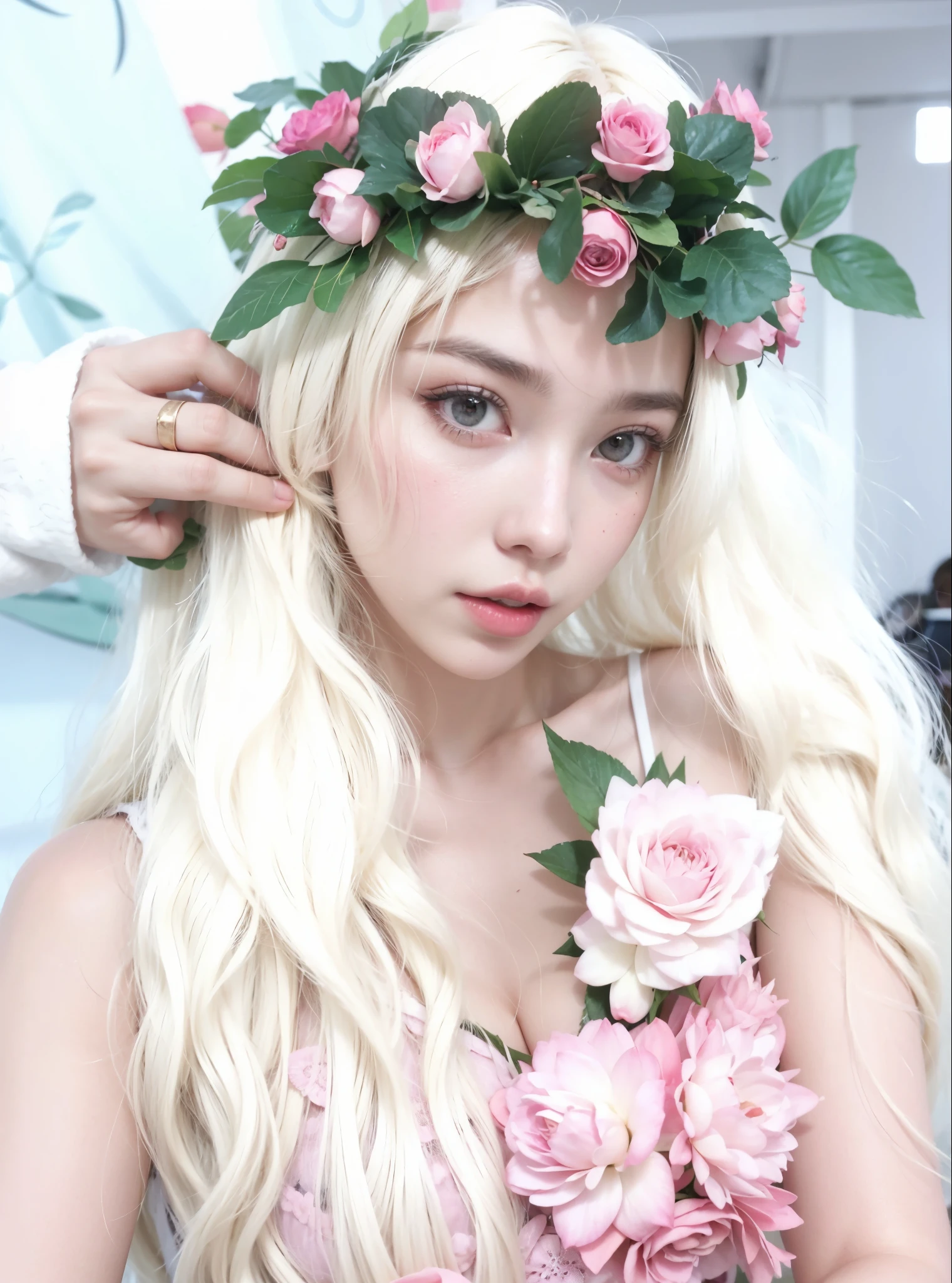 blond woman with white hair and pink flowers in her hair, fairycore, belle delphine, flower goddess, ulzzang, lotus floral crown girl, with white long hair, elf girl wearing an flower suit, ava max, with long white hair, sakimichan, sakimichan frank franzzeta, flower queen, flower crown, anime girl cosplay