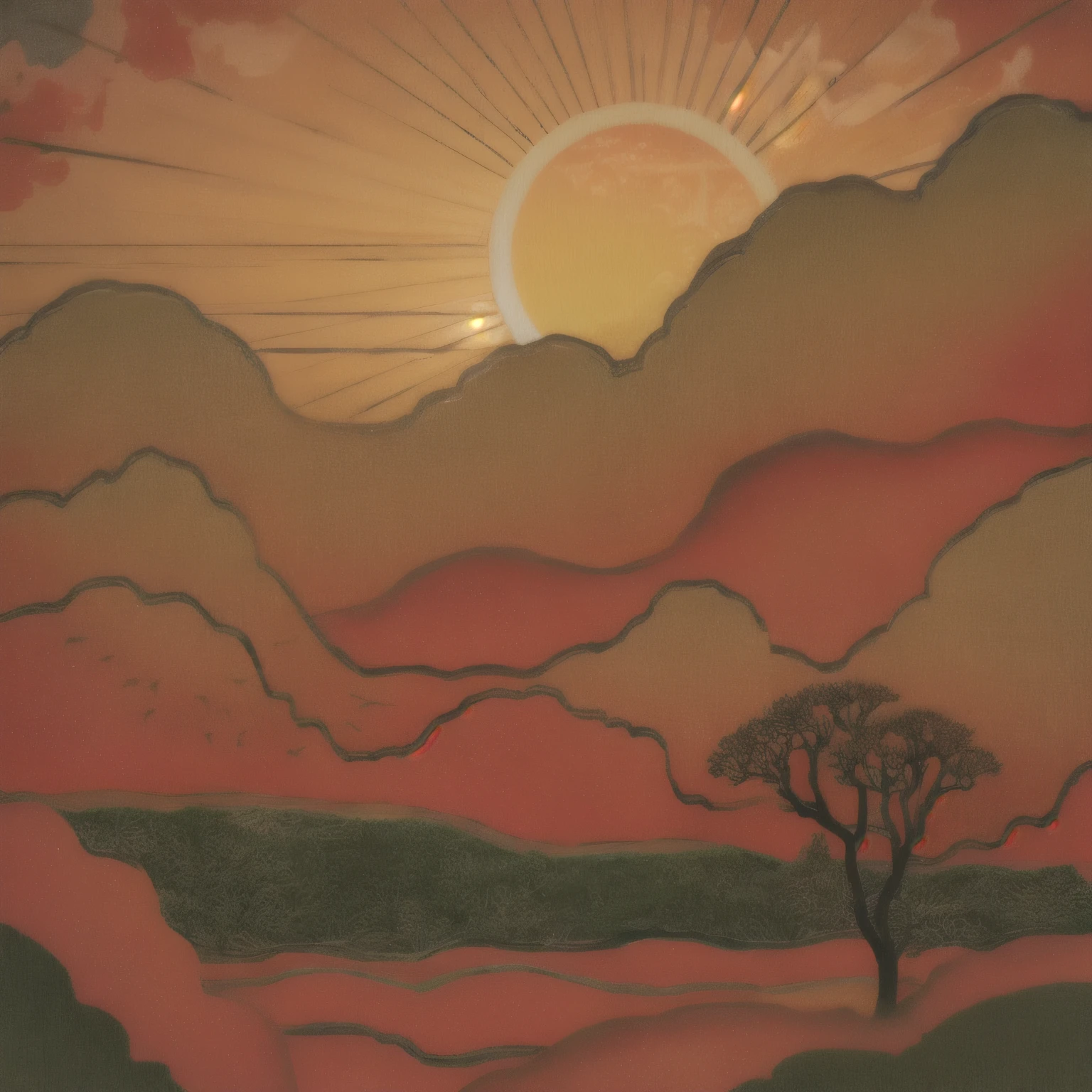 a close up of a painting of a tree in a field, sunset illustration, by Isobel Heath, sunset in a valley, japanese woodblock print style, the sunset, landscape illustration, inspired by Yoshida Hanbei, sun at dawn, in the art style of ukiyo - e, scenery artwork, sundown, blissful landscape, sun down