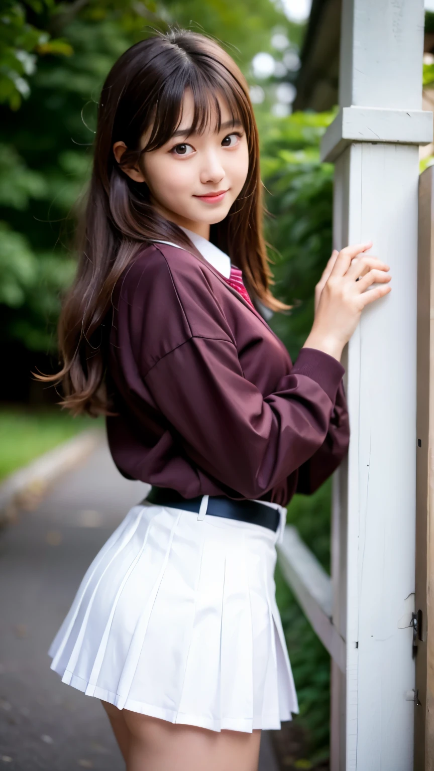 Best-quality, Masterpiece, Ultra-High-Resolution, (Photorealistic:1.4), Raw-Photo, 1girl, 15-years-old, the most famous Japanese idol, wearing Japanese high-school uniform, dynamic-pose, upturned-ass that wearing white panties under pleated skirt, innocent-smile, extremely cute face like the most popular Japanese idol, extremely beautiful big-black-eyes, extremely beautiful brown-hair, extremely beautiful skins, extremely beautiful long-eyelashes, extremely beautiful lips, extremely beautiful short-body, extremely beautiful hip, extremely beautiful thighs, detailed Japanese-high-school-uniform