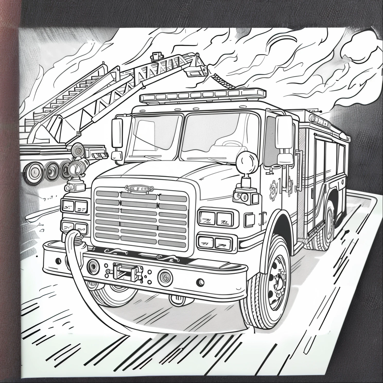 Black and white coloring book、Fire automatic vehicle