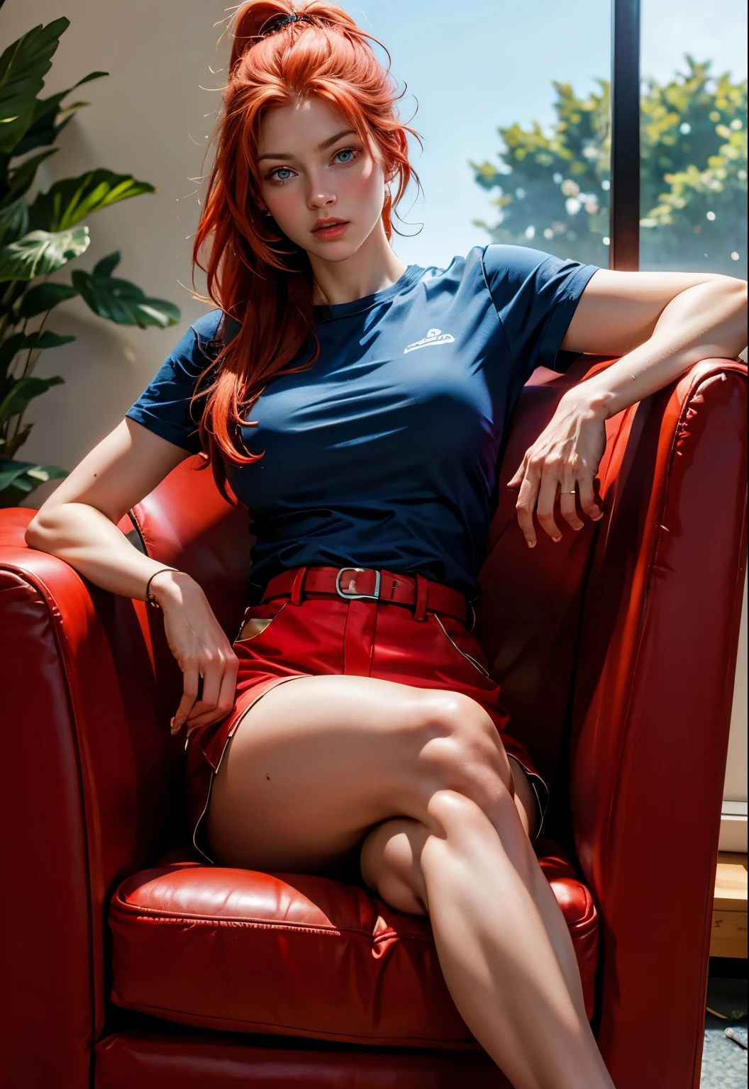 redhead, blue eyes, red shorts, red t-shirt, handsome, ponytail, 21 years old, so handsome, legs crossed, sitting on armchair, girl