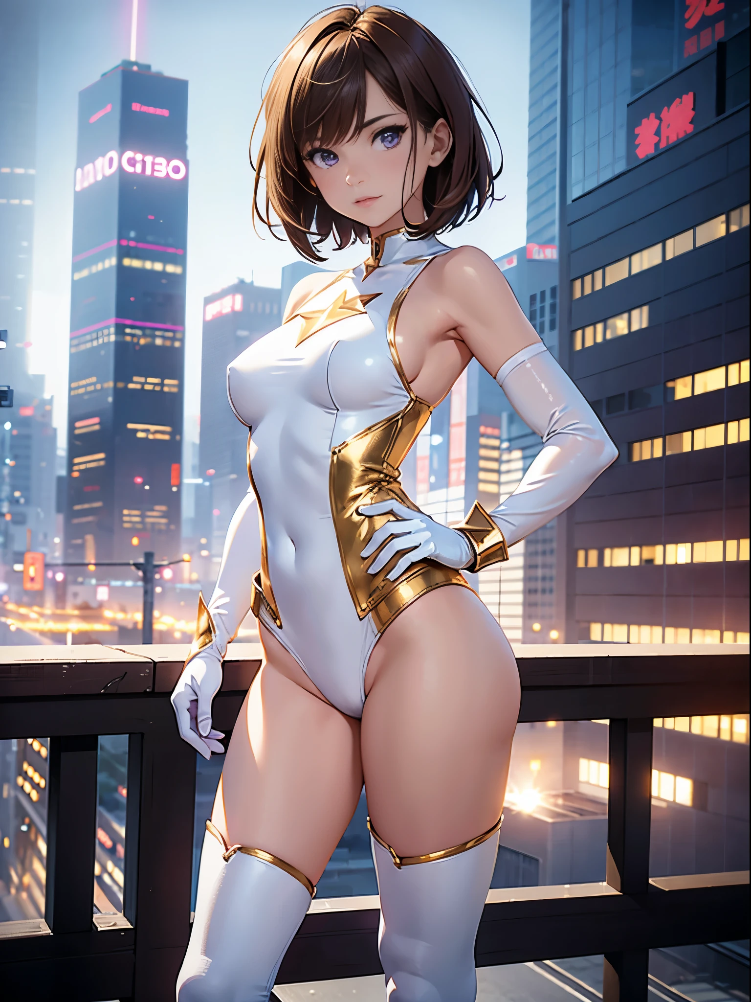 1girl, medium breasts, leotard, white and red leotard, bare legs, tight belt, gold belt, boots, matching boots, ankle boots, white boots, gloves, white glove, city backdrop, tokyo city backdrop, solo, single, hands on hip, standing, full body shot, cowboy shot, superhero, beautiful detailed eyes, mature lady, gold star symbol on chest, brown hair, short hair, bob hair, purple eyes, sleeveless, perfect anatomy, masterpiece