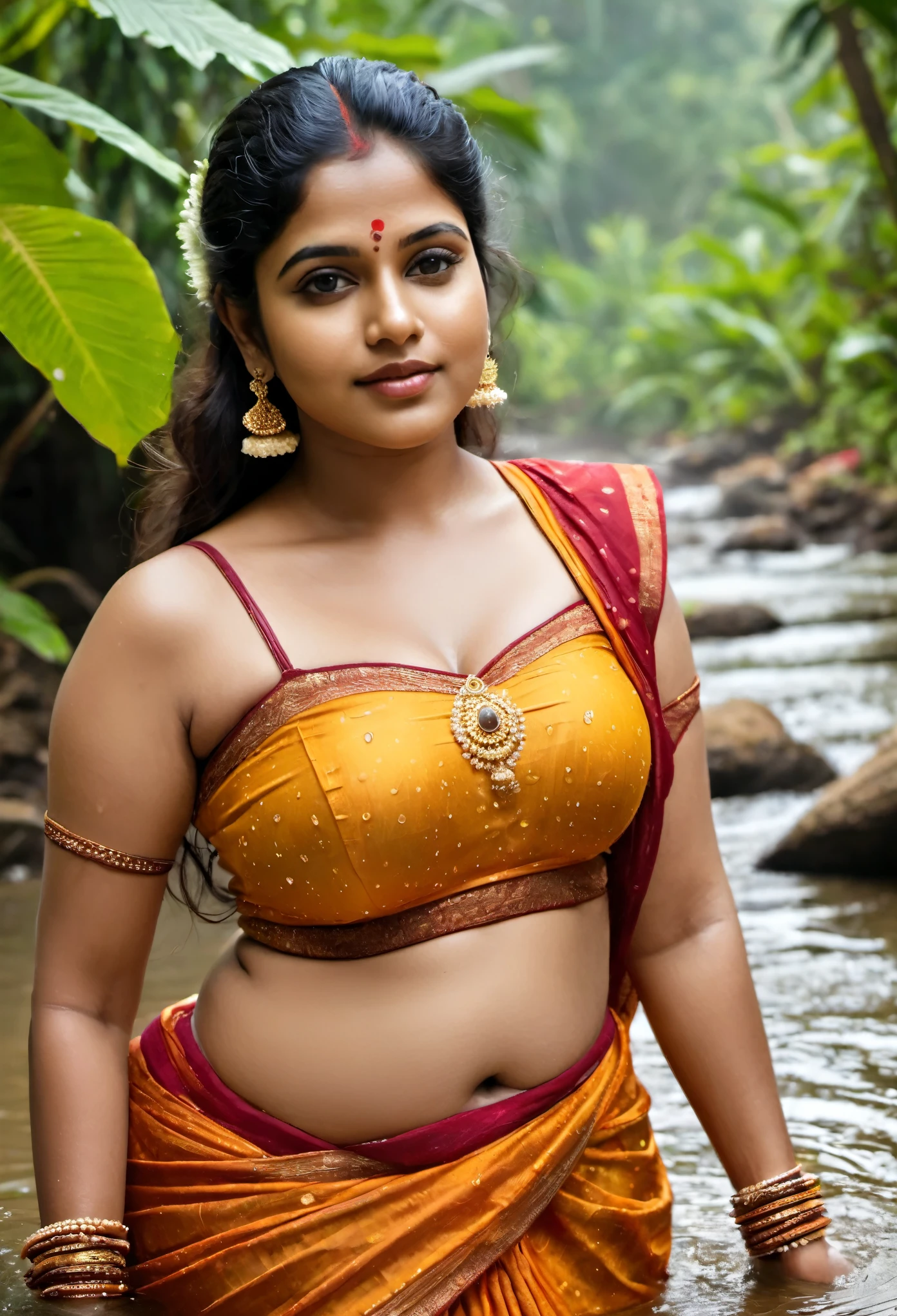 Photo of a kerala village aunty (like Amazon woman), 30 years old,hottest, traditional, rain bathing n forest, chubby voluptuous plus size, thick thigh, wet amazon,busty saggy breast : 2.5, clear face,full body, glamourous, daylight, r4w photo, masterpiece, ((((Extremely Realistic)))), Realism, Raw photo, Photography, High detailed , photorealistic, shot on sony vanice camera,DDRFashion ,fire bokeh,DDRFashion