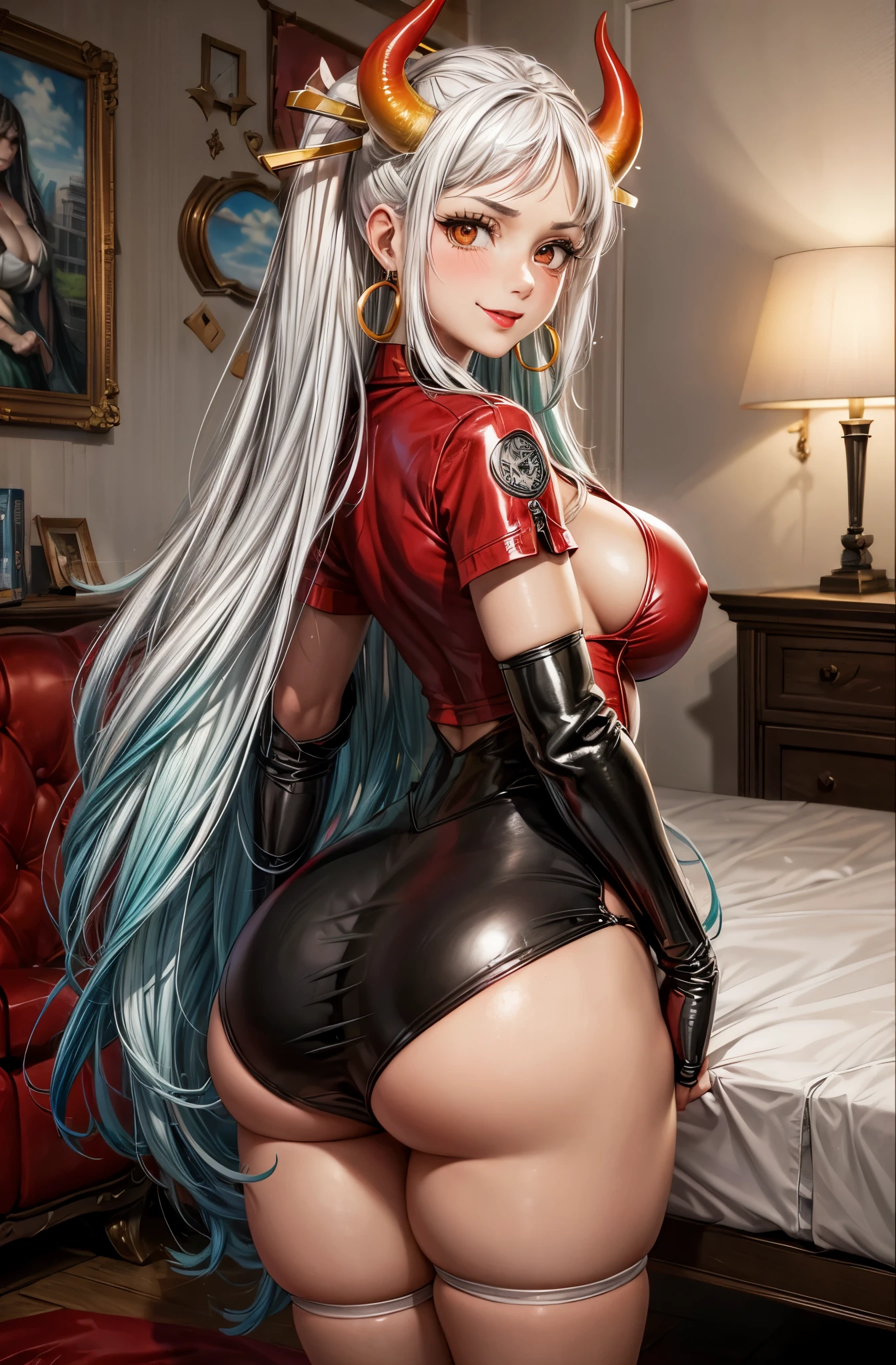 Girl, smile, red lips, big nose, big tits, big , big ass, big butt, long hair, white hair colors, fair skin, red latex tantok colors, black latex skirt colors, black latex gloves colors, white, latex stocking colors, beautiful girl, sexy pose, sexy girl, sexy ass, sexy butt, sexy girl show ass pose, sexy girl show butt pose, ass focus, butt focus, awesome girl, sexy body, big body, big, breats, realistic girl pose, in bed room pose, masterpiece, ((ultra detailed background, delicate pattern, intricate detail)), (highly detailed, fine details), best quality,beautiful lighting, (((medium breasts, slim girl, very slim girl))), (close-up, portrait), YamatoV2, long hair, 1girl, horns, white hair, solo, oni, red horns, curled horns, hair ornament, (multicolored horns), jewelry, earrings, jeans, t-shirt, round neck, outdoors, cowboy shot, hair stick, aqua hair, sidelocks, hoop earrings, hakama, smile, wide smile, ((orange eyes)), complex detailed background, outside, nature environment, rocks, sunny, blue sky, sky,