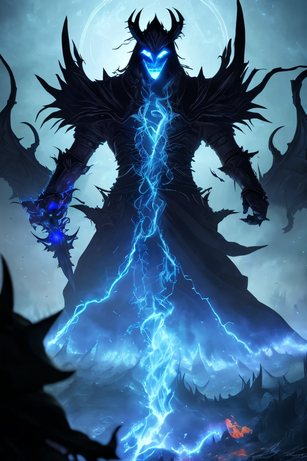 A colossal monstrosity looms before us, its towering form shrouded in an aura of terror and power. Its body is armored with intricately etched plates, adorned with alchemical symbols and ominous runes that glow faintly in the dim light. The monstrosity's face is only partially revealed, as a menacing mask partially hides its features. Yet, even with the mask, its eyes burn with an otherworldly glow, illuminating the surrounding darkness.
Wild blue flames surge from its long, flowing hair, casting flickering shadows on the ground below. Atop its head sits a helm-like headdress, a