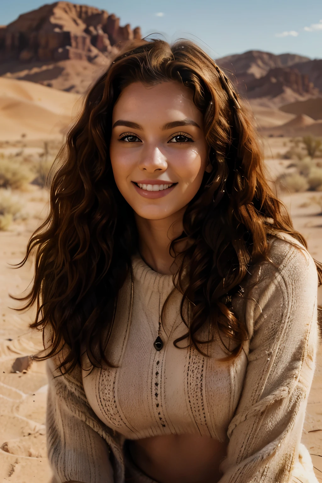 Photography of a 22yo woman, red curly haired wearing a fur sweater in the desert, beautiful, smile, joyful, detailed skin, skin pores, photorealistic, best quality, high res, high contrast, very detailed