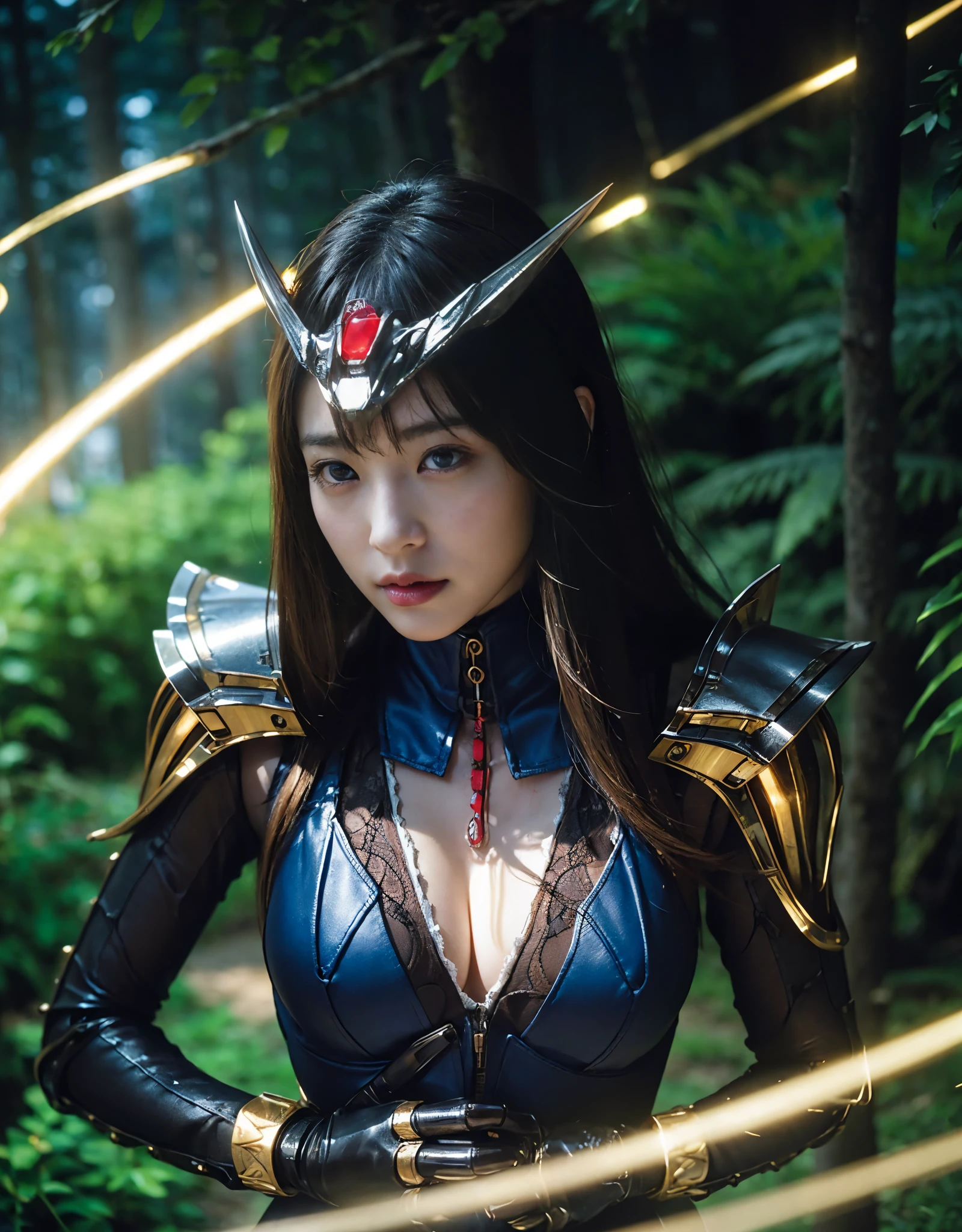 ((battle with monsters))、highest quality、masterpiece、ultra high resolution、(Photoreal:1.4)、RAW photo、1 girl、golden hair、glowing skin、(((1 Mechanical Girl)))、with a beautiful knife、(Blue Metal Bodysuit)、(beautiful forest background)、(battle with monsters)、(Small LED)、((Ultra realistic details))、vertical giant monster background),global illumination、Shadow、octane rendering、8k、super sharp、big breasts、The bare skin of the cleavage is exposed、Metal、intricate decorative details、Japan details、very intricate details、realistic light、Trends in CG society、red eyes、Eyes shining towards the camera、Mechanical vertebrae attached to back with mechanical edge blood vessels connected to neon details tubes、cervical vertebrae mechanically attached to the neck、(Wires and cables connecting to the head)、gundam、Small LED、,mechanical thighs、2 stocks、(Hands are also made of machineonster attack)、(injured in a deadly fight)、