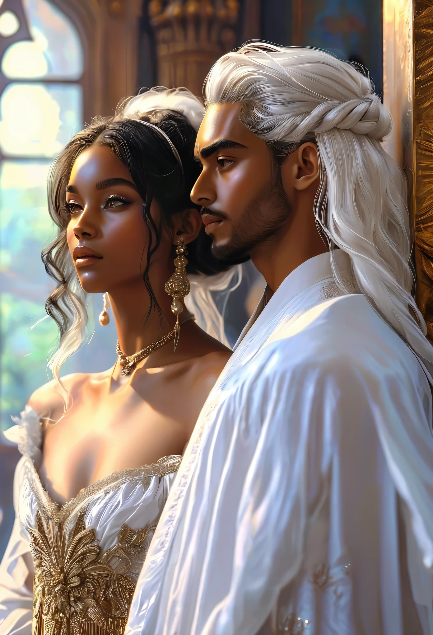 Romance in a heavenly palace, le titre est Soulmate, un couple de jeune juge ???? de peau dans un tribunal céleste, le juge a des cheveux blancs, la juge est africaine indienne, elle est (((enceinte))), elle a des longs cheveux noirs, il a les cheveux blancale judge long white hair tied up)), ils ont chacun un sceptre, visage très fins, (((very beautiful))), visages parfait, corps entier, Romantic scene, romantic Way, couple sexy, (((hot scene))), 8K, extremely detailed, (high quality,realistic,photorealistic:1.37)