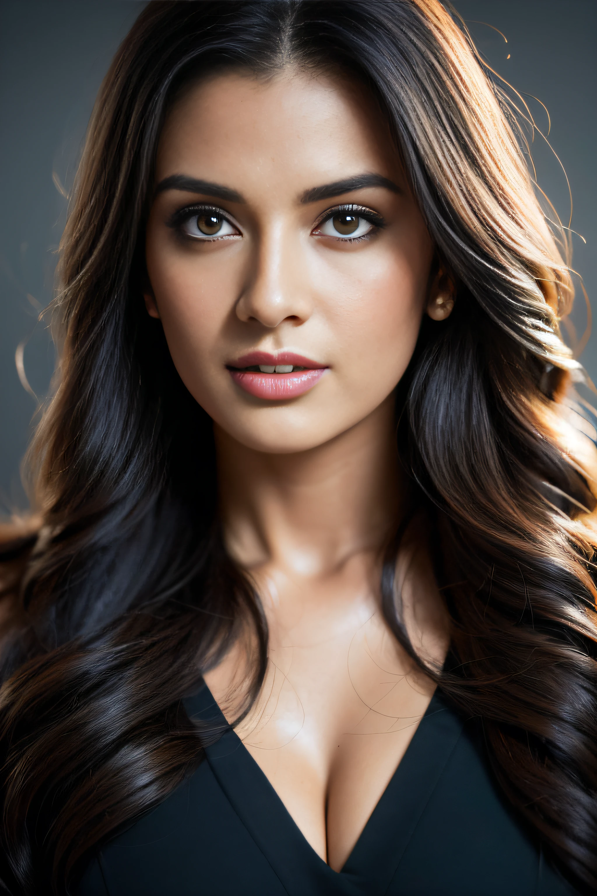 Portrait of a confident looking Indian woman, with long flowing auburn hair, hazel eyes, with fluttering covers, perfect composition, hiperrealista, super detalhado, 8K, alta qualidade, arte em alta, trends on Artstation, sharp focus, studio photo, detalhes intrincados, altamente detalhado, arte de Greg Rutkowski, sem joias, retrato falado, front camera, olhando para a lente, focando na lente