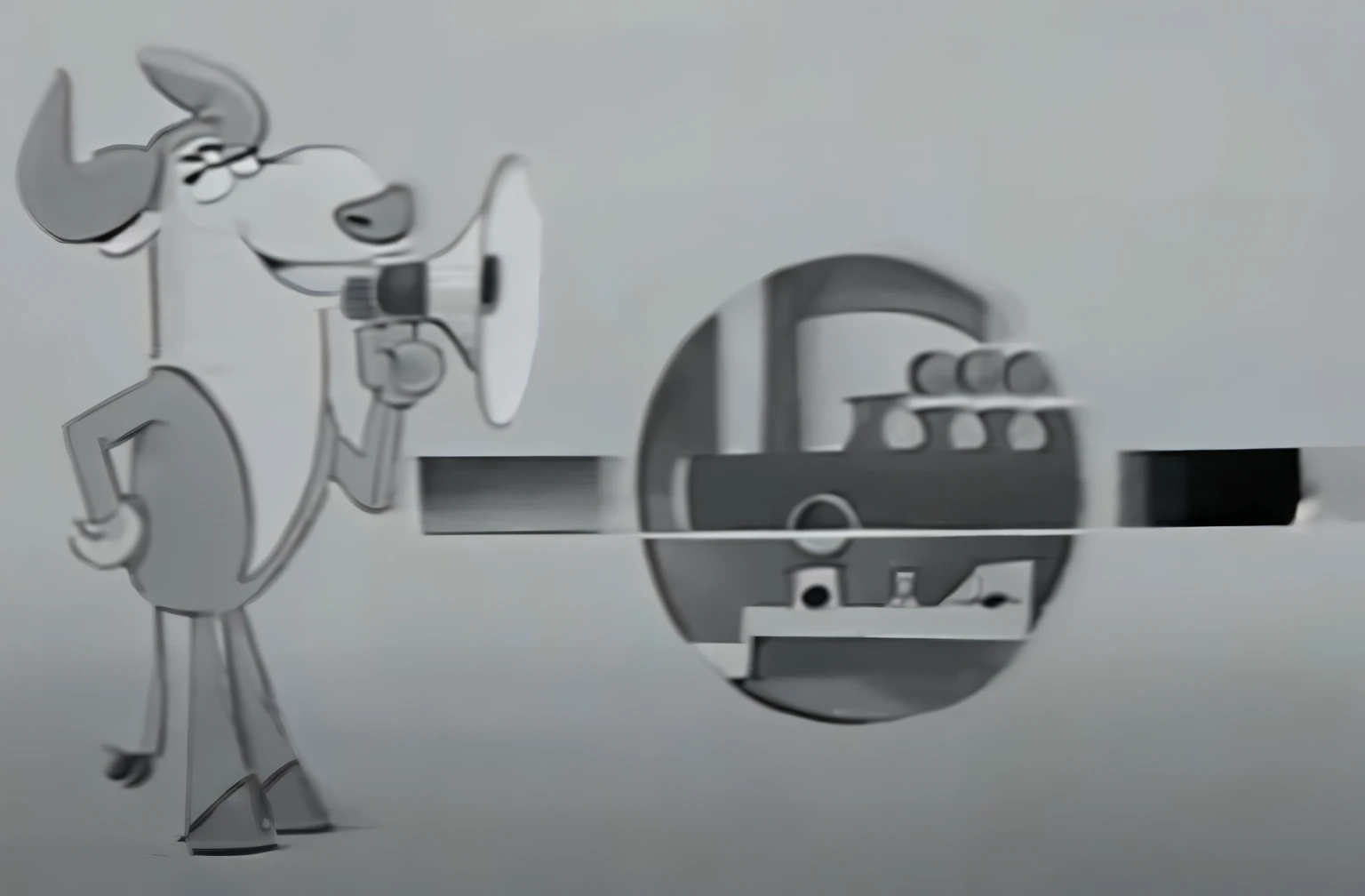 a close up of a cartoon cow with a microphone and a mirror, film still from an cartoon, stop-motion film (1924), historical footage, 1 9 6 0 cartoon style, black and white television still, 1964, 1954, 1 9 5 4, 1 9 6 4, cartoon network stillframe