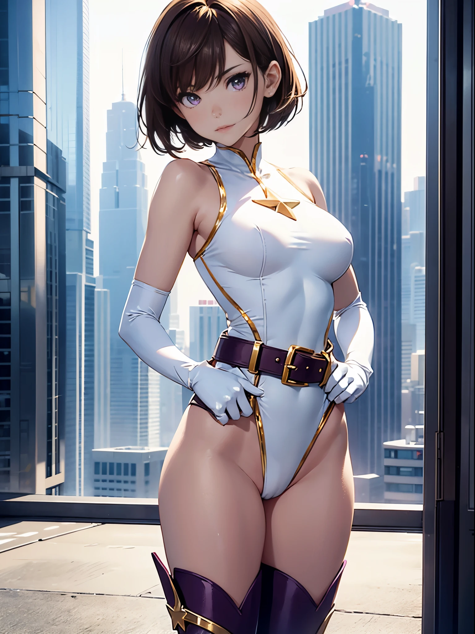 1girl, medium breasts, leotard, white and red leotard, bare legs, tight belt, gold belt, boots, matching boots, ankle boots, white boots, gloves, white glove, city backdrop, tokyo city backdrop, solo, single, hands on hip, standing, full body shot, cowboy shot, superhero, beautiful detailed eyes, mature lady, gold star symbol on chest, brown hair, short hair, bob hair, purple eyes, sleeveless, perfect anatomy, masterpiece