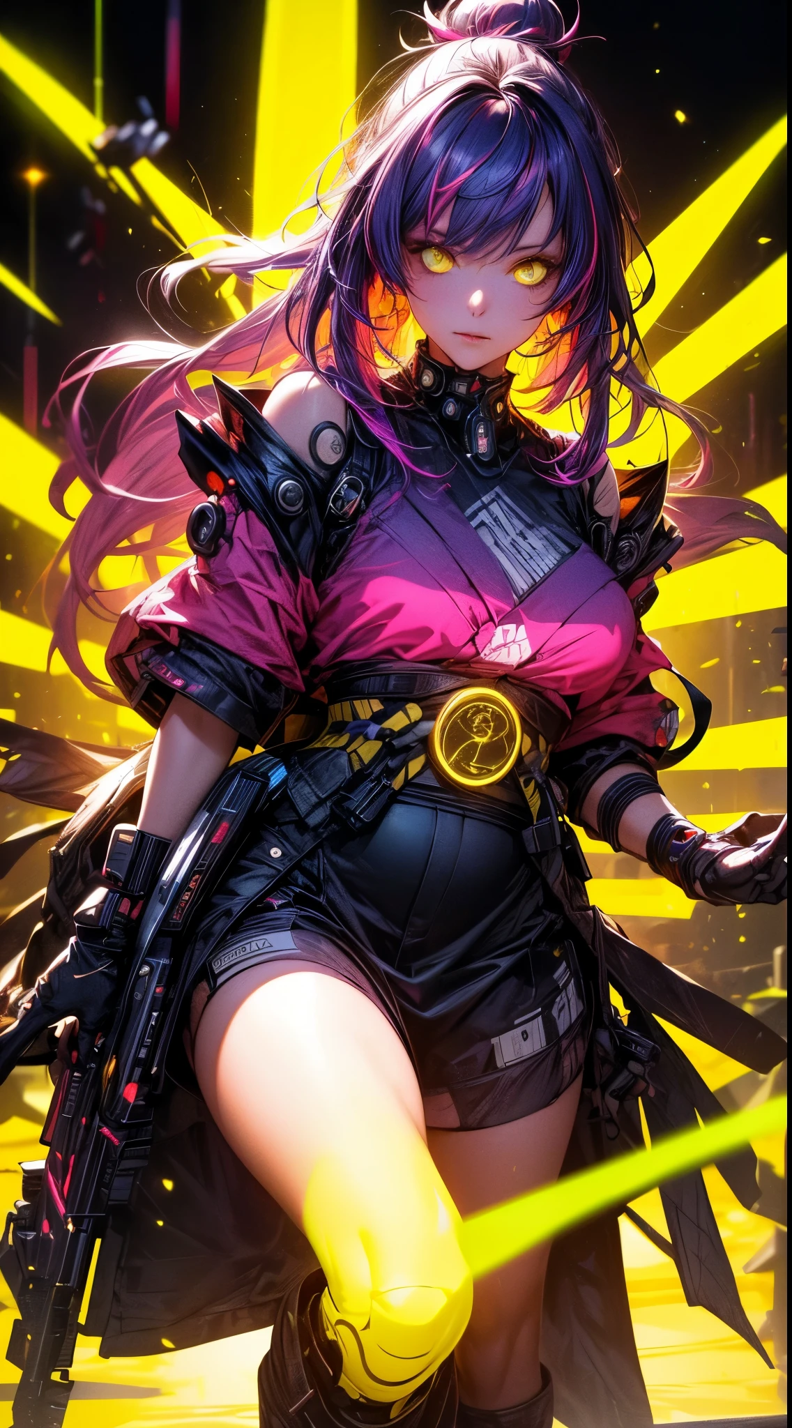 (1girl in)、(Plump beauty)、(neon purple hair)、(30-years old)、(Top image quality)、(8K picture quality)、(cyberpunked)、(masutepiece)、 (Flickering of light)、(Wear a cyberpunk kimono)、cinematric light, Cinema Shadow, Sharp Image, Extremely detailed, Volumetric, Bright sprites, particles effect, beautiful effects, Vivid colors, neons, Neon light, Highly detailed image textures, detailed hairs, Detailed eyes,  city、neon pink hair、Eyes glow、(Yellow aura emanating from clothes:1.5)、Photo from the knee up、