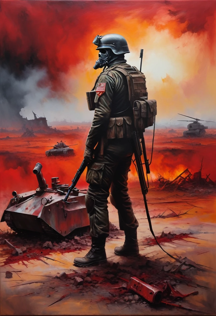 Evoking the essence of Metallica's "One," visualize a lone figure, a wounded soldier in a desolate battlefield, surrounded by remnants of war machinery, under a blood-red sky tinged with smoke and despair, focusing on the soldier's weary yet determined expression, a surreal painting with abstract elements, acrylic on canvas