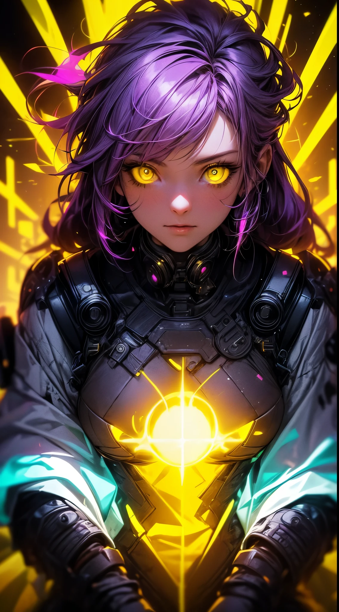 (1girl in)、(Plump beauty)、(neon purple hair)、(30-years old)、(Top image quality)、(8K picture quality)、(cyberpunked)、(masutepiece)、 (Flickering of light)、(Wear a cyberpunk kimono)、cinematric light, Cinema Shadow, Sharp Image, Extremely detailed, Volumetric, Bright sprites, particles effect, beautiful effects, Vivid colors, neons, Neon light, Highly detailed image textures, detailed hairs, Detailed eyes, city、neon pink hair、Eyes glow、(Yellow aura emanating from clothes:1.5)、Photo from the knee up、