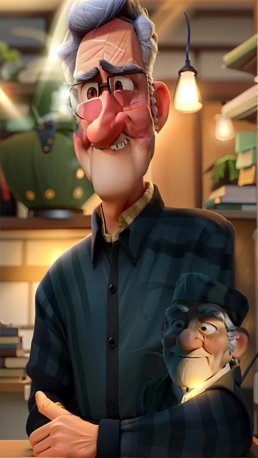 A wise old man standing in front, illuminated by the light of a lamp, tendo como pano de fundo uma biblioteca