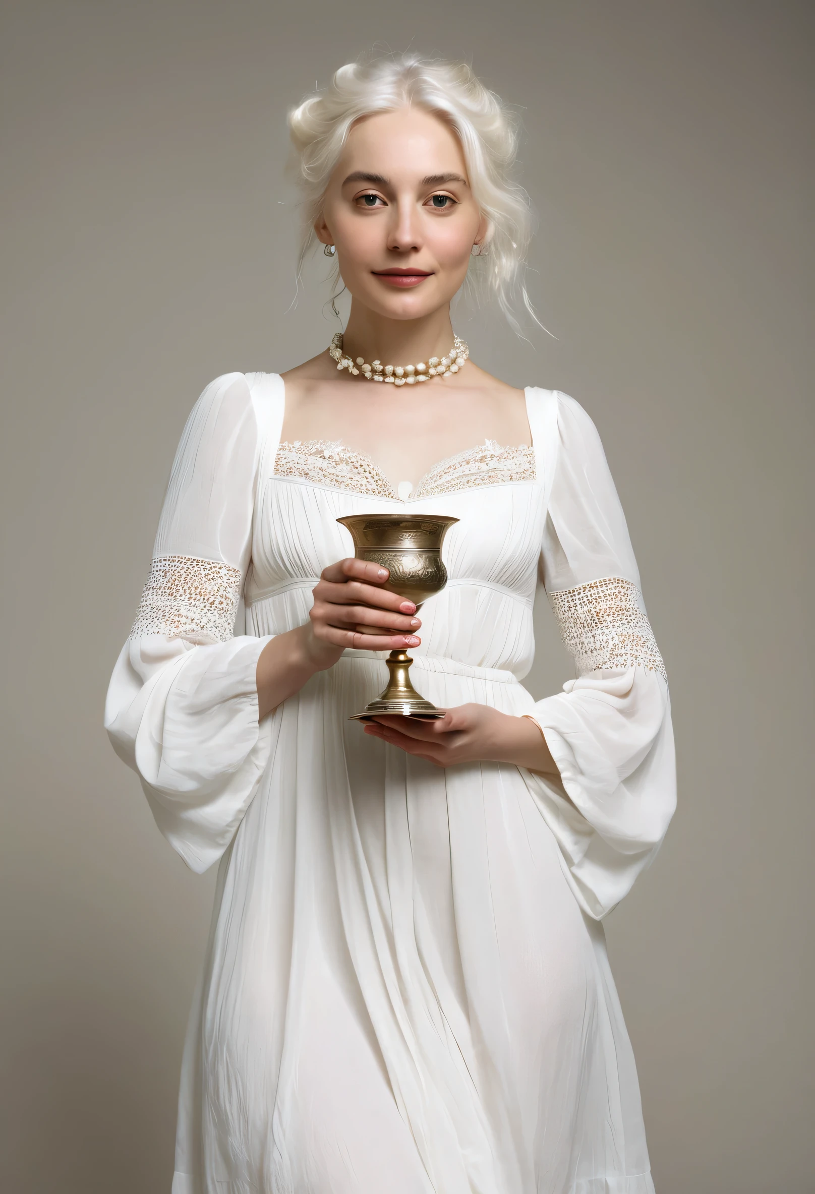 pale, femme de 30 ans aux cheveux blancs, avec six bras chacun tenant une tasse antique. Elle flotte dans les airs, les jambes tendues et croisées, une robe longue vaporeuse blanche ouverte sur sa poitrine