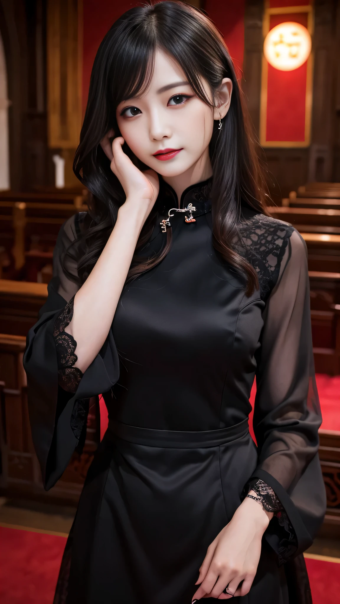 Super detailed、Japanese、charming beauty、seductive adult woman、Beautiful woman、sharp eyes、cool girl、wavy hair、long black cheongsam、wide sleeve、evilの幹部、evil depravity、brainwashing、Mind control、lipstick、grin、evilな表情、evil、empty eyes、evil、church at night、vampire、vampire、Hypnosis、brainwashinging、Contrasting、I will polish