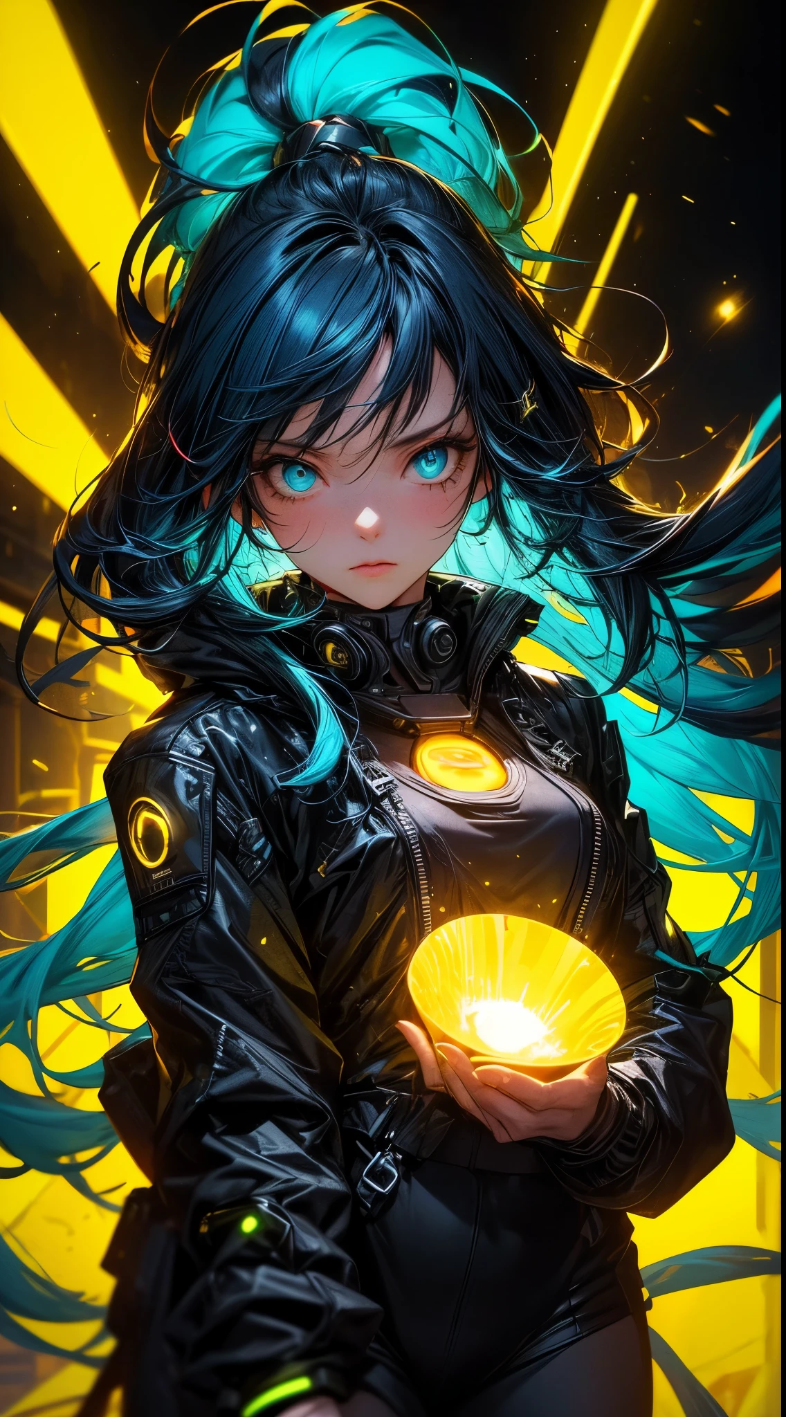 (1girl in)、(Plump beauty)、(neon red hair)、(30-years old)、(Top image quality)、(8K picture quality)、(cyberpunked)、(masutepiece)、 (Flickering of light)、(Wear a cyberpunk hip hop clothing)、cinematric light, Cinema Shadow, Sharp Image, Extremely detailed, Volumetric, Bright sprites, particles effect, beautiful effects, Vivid colors, neons, Neon light, Highly detailed image textures, detailed hairs, Detailed eyes, city、neon blue hair、Eyes glow、(Yellow aura emanating from clothes:1.5)、Photo from the knee up、