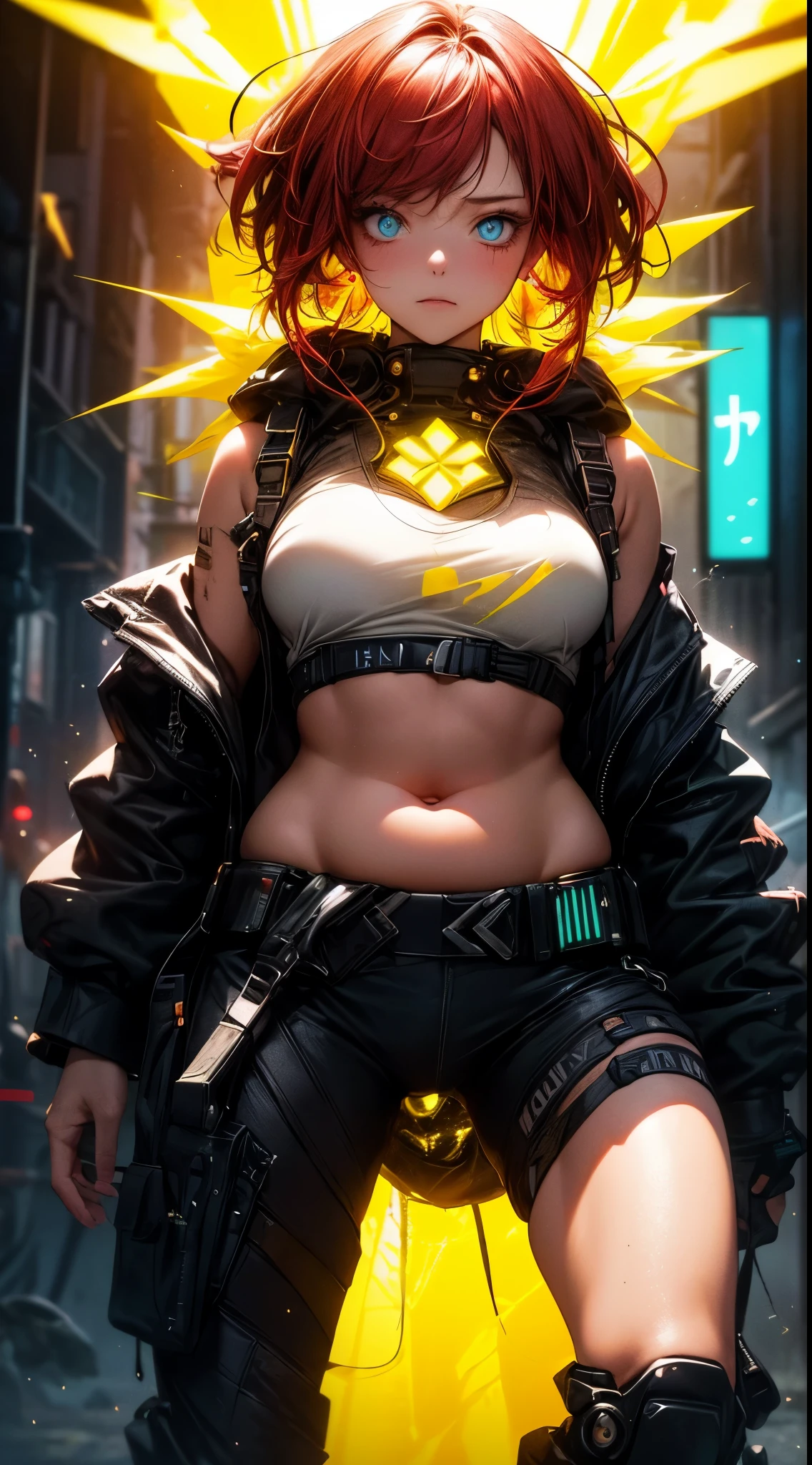 (1girl in)、(Plump beauty)、(neon red hair)、(30-years old)、(Top image quality)、(8K picture quality)、(cyberpunked)、(masutepiece)、 (Flickering of light)、(Wear a cyberpunk hip hop clothing)、cinematric light, Cinema Shadow, Sharp Image, Extremely detailed, Volumetric, Bright sprites, particles effect, beautiful effects, Vivid colors, neons, Neon light, Highly detailed image textures, detailed hairs, Detailed eyes, city、neon blue hair、Eyes glow、(Yellow aura emanating from clothes:1.5)、Photo from the knee up、