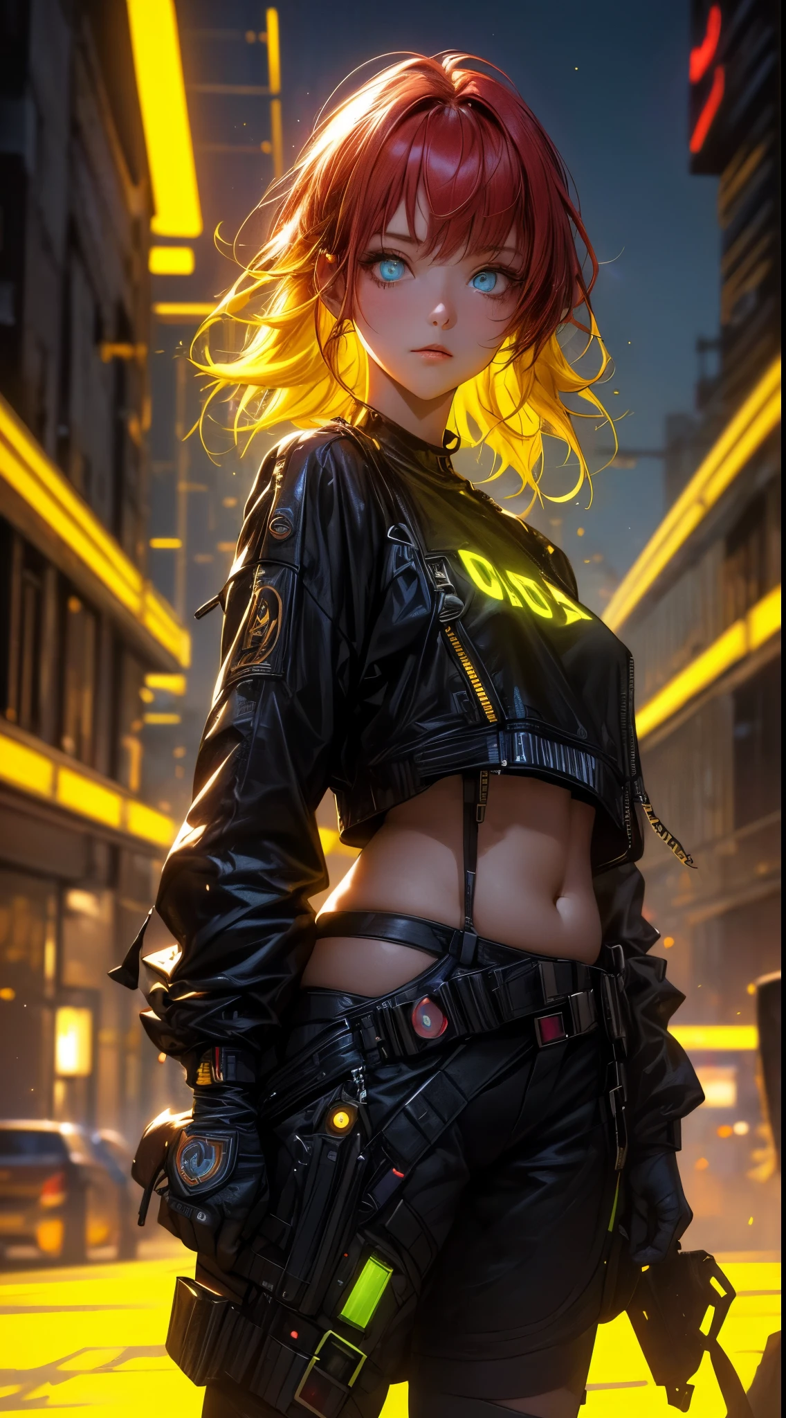 (1girl in)、(Plump beauty)、(neon red hair)、(30-years old)、(Top image quality)、(8K picture quality)、(cyberpunked)、(masutepiece)、 (Flickering of light)、(Wear a cyberpunk hip hop clothing)、cinematric light, Cinema Shadow, Sharp Image, Extremely detailed, Volumetric, Bright sprites, particles effect, beautiful effects, Vivid colors, neons, Neon light, Highly detailed image textures, detailed hairs, Detailed eyes, city、neon blue hair、Eyes glow、(Yellow aura emanating from clothes:1.5)、Photo from the knee up、