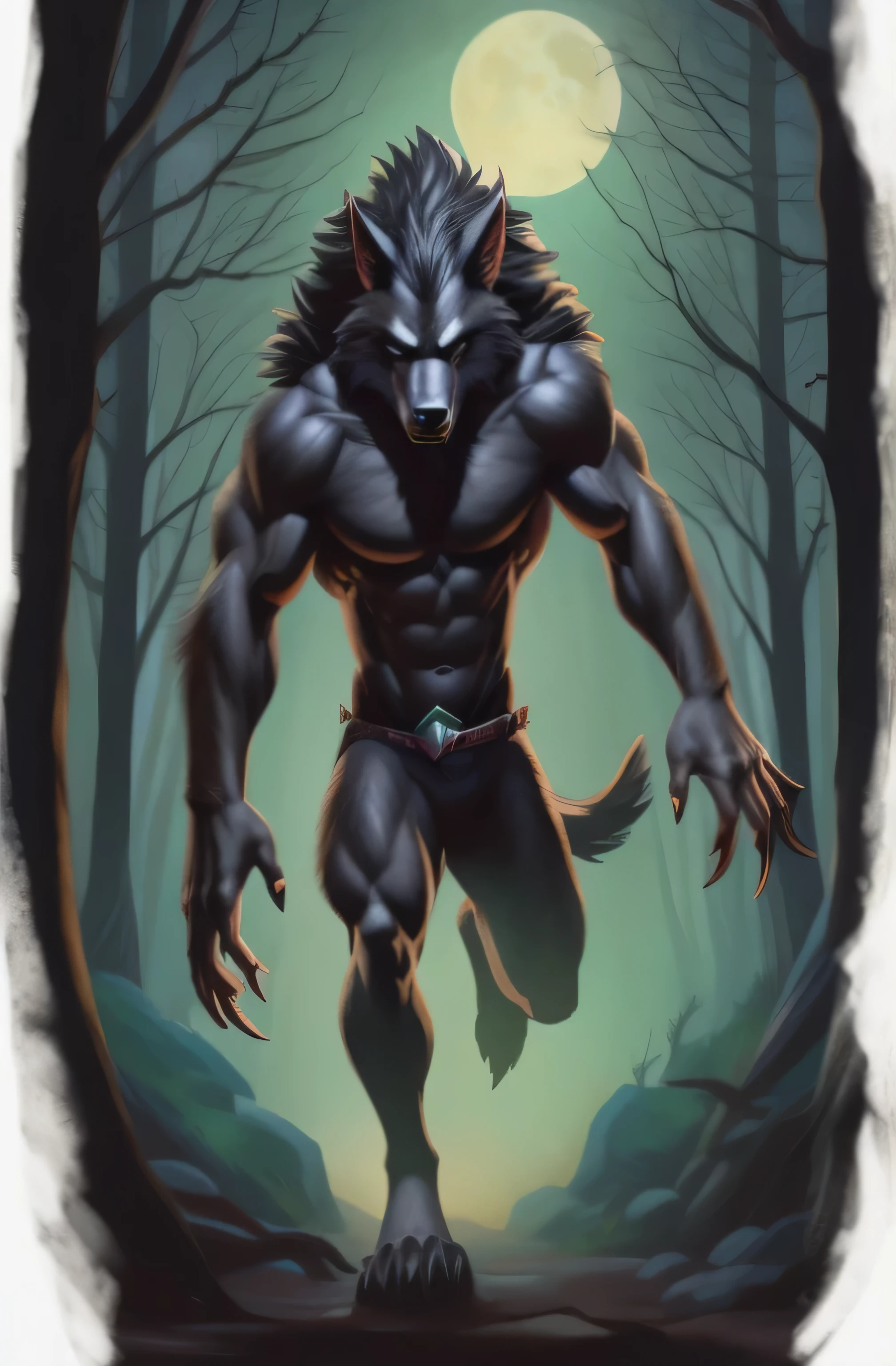 a painting of a werewolf walking through a snowy forest, inspired by Joe Jusko, fenrir, muscular werewolf, werewolf, a minotaur wolf, werewolf?, werewolf”, portrait of a werewolf, by Joe Jusko, dark grey wolf o'donnell, collectible card art, magic the gathering card art, black wolf, demon-fang gnoll