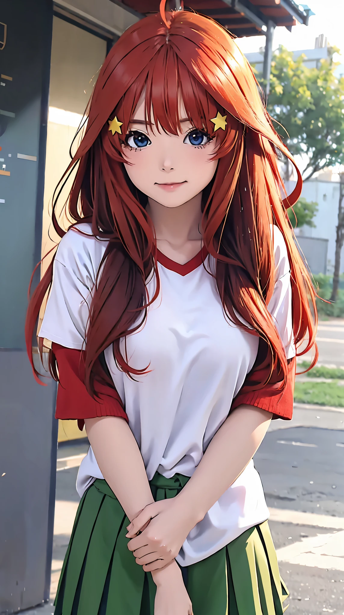 nakano itsuki, red hair, long hair, star hair ornament, ahoge, red sweater, saia verde, uniforme escolar, seios grandes, sorriso leve, Melhor Anime 4K Konachan Wallpaper, Estilo anime 4K, Arte Oficial, arte anime de alta qualidade, 4k anime wallpapers ((obra-prima)),school's yard, fim de tarde, foco no rosto