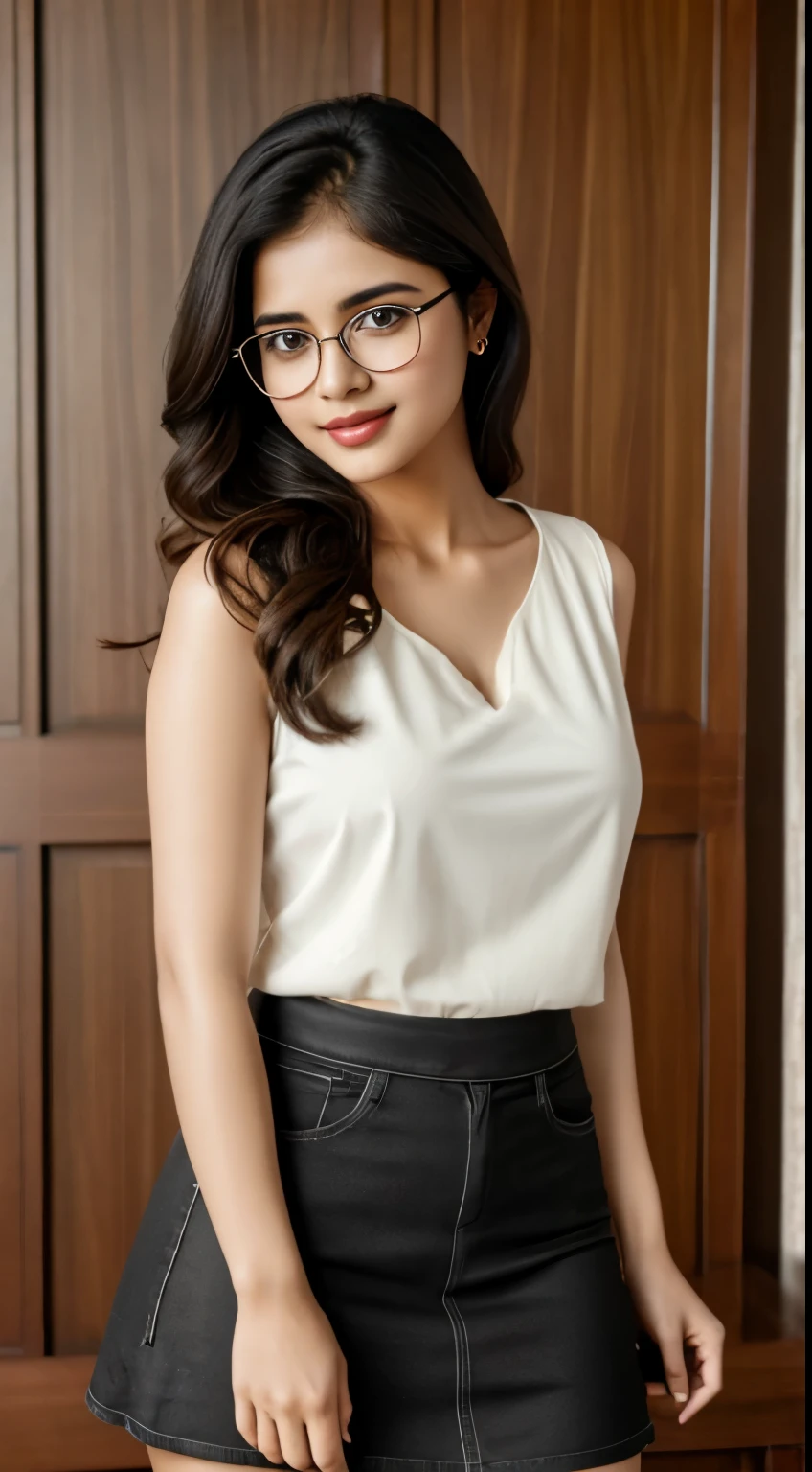(iu:0.8),cleavage, RAW, Best quality, high resolution, Masterpiece: 1.3, Beautiful glasses kerala girl wearing black tshirt and white jeans, Masterpiece, Soft smile, at home, in sleeveless printed top & skirt,