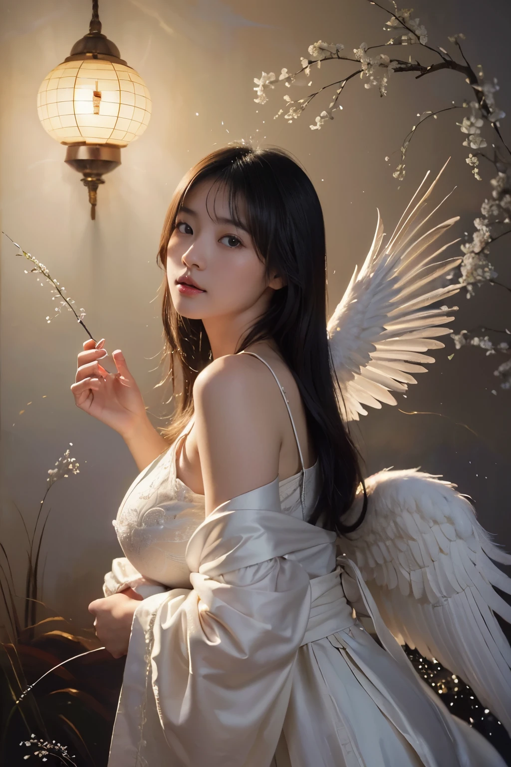 arafed woman smiling in white jacket and large breasts showing, white pants angel wings posing for a picture, li zixin, wenfei ye, naked breasts, hard pierced nipples, xision wu, pengzhen zhang, xintong chen, angel , wings, xianxia, louise zhang, chengyou liu, wings, lei min, jinyiwei, lu ji, portrait of christy ren, qifeng lin, xue han, full body xianxia
