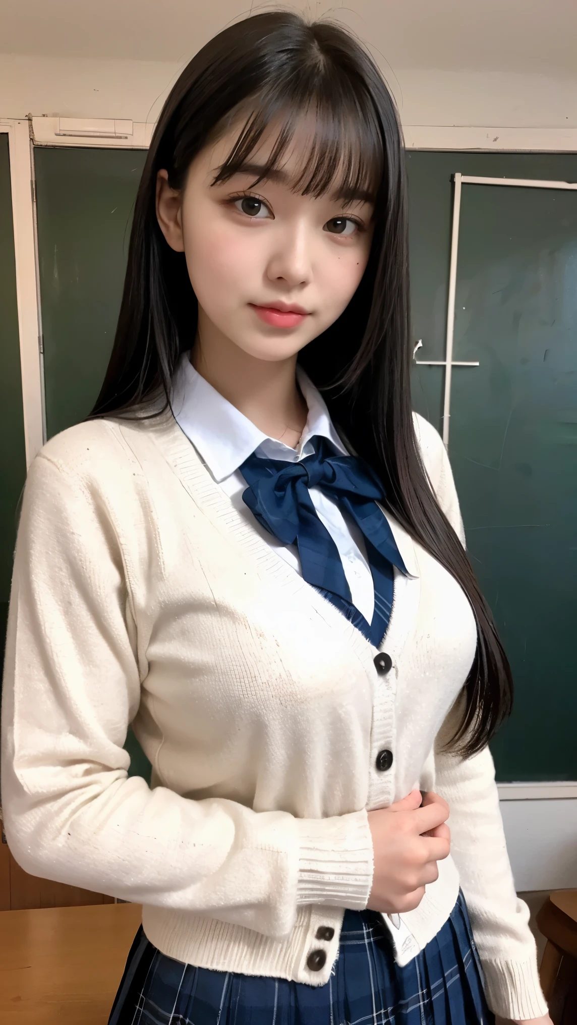 alone、high school girl、natural body shape、white skin、natural makeup、black hair、bangs、straight long hair、、(high school uniform、long sleeve cardigan、white blouse、plaid pleated skirt)、、big breasts、((The upper body is wearing a uniform))、school classroom、looking at the camera、