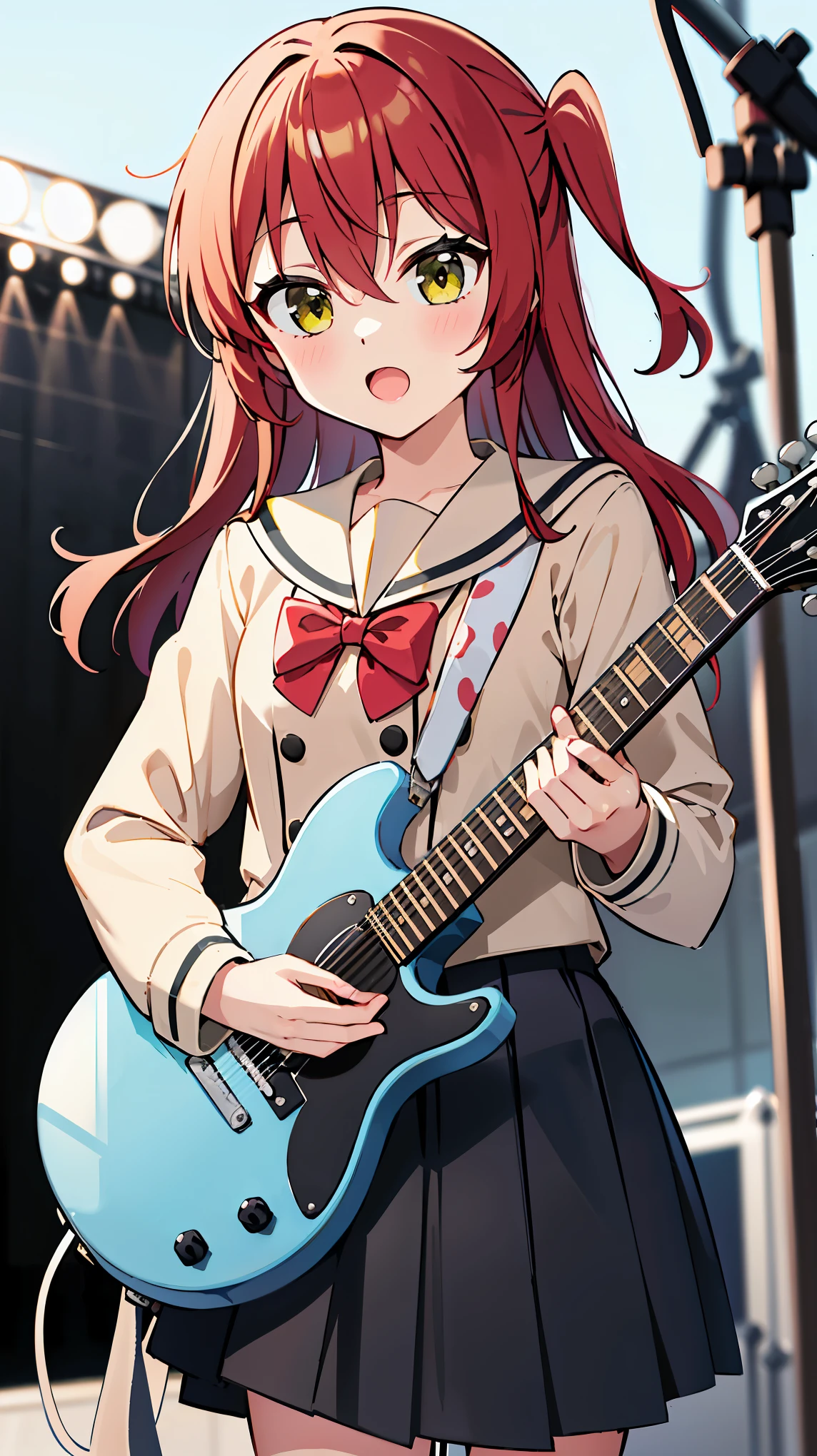 masterpiece, best quality, highres, gotou1, gotou hitori, solo, skirt, pink jacket, track jacket, bangs, hair between eyes, long sleeves, stage, holding instrument, guitar,