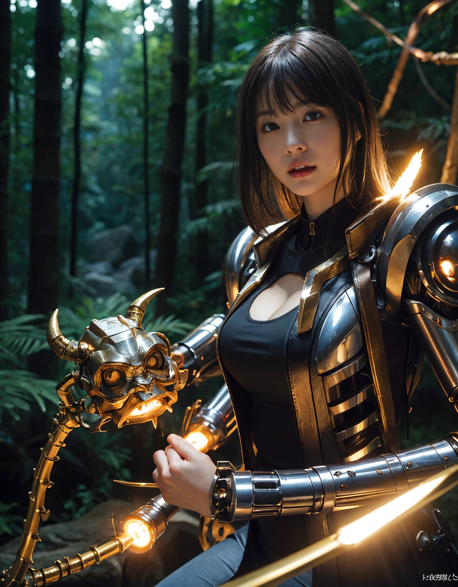 ((battle with monsters))、highest quality、masterpiece、ultra high resolution、(Photoreal:1.4)、RAW photo、1 girl、golden hair、glowing skin、(((1 Mechanical Girl)))、with a beautiful knife、（Blue Metal Bodysuit）、(beautiful forest background)、(battle with monsters)、(Small LED)、((Ultra realistic details))、vertical giant monster background),global illumination、Shadow、octane rendering、8k、super sharp、big breasts、The bare skin of the cleavage is exposed、Metal、intricate decorative details、Japan details、very intricate details、realistic light、Trends in CG society、red eyes、Eyes shining towards the camera、Mechanical vertebrae attached to back with mechanical edge blood vessels connected to neon details tubes、cervical vertebrae mechanically attached to the neck、(Wires and cables connecting to the head)、gundam、Small LED、,mechanical thighs、2 stocks、（Hands are also made of machineonster attack）、（injured in a deadly fight）、
