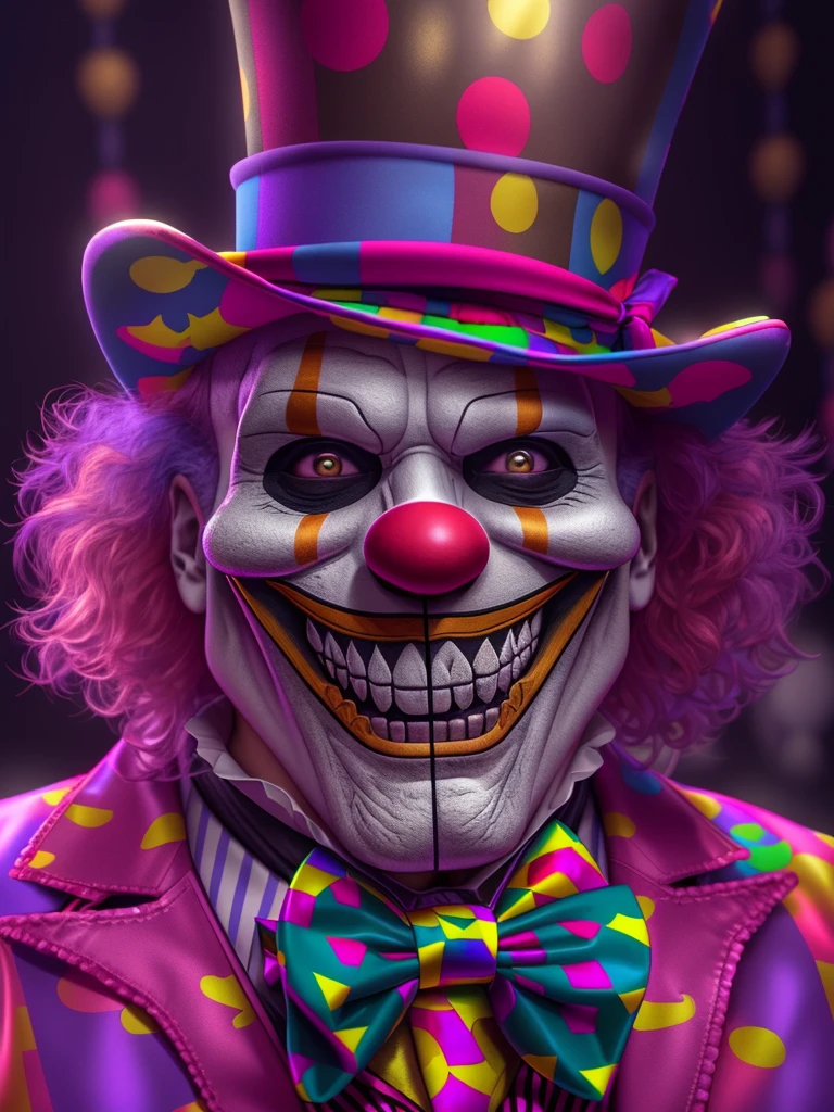 Clown mask in top hat and bow tie, portrait skull clown, cutecore clowncore, jocker, skull clown, skull clown inside a circus, scary clown, portrait death clown, clown face, 4k highly detailed digital art, clown world, stunning digital illustration, trending on artstation hq, 3d render digital art, portrait of joker