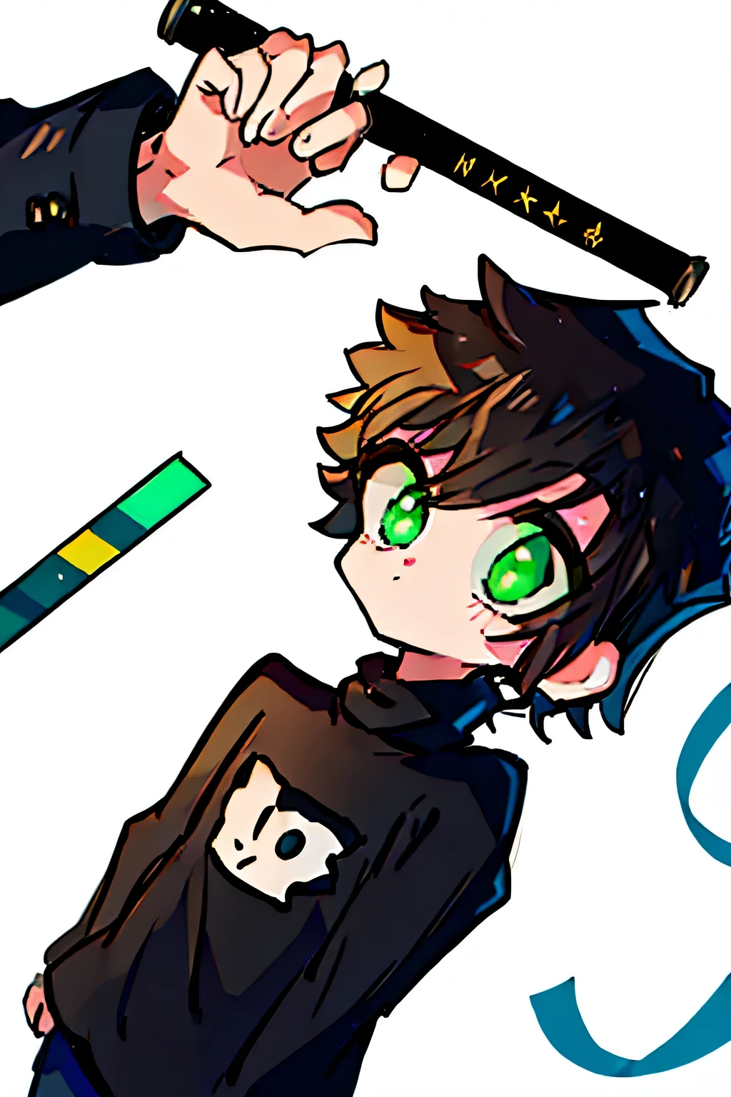 1boy, black hair , black shirt , green eyes , , hand on face , open hand , bored , , white background , , chibi ,