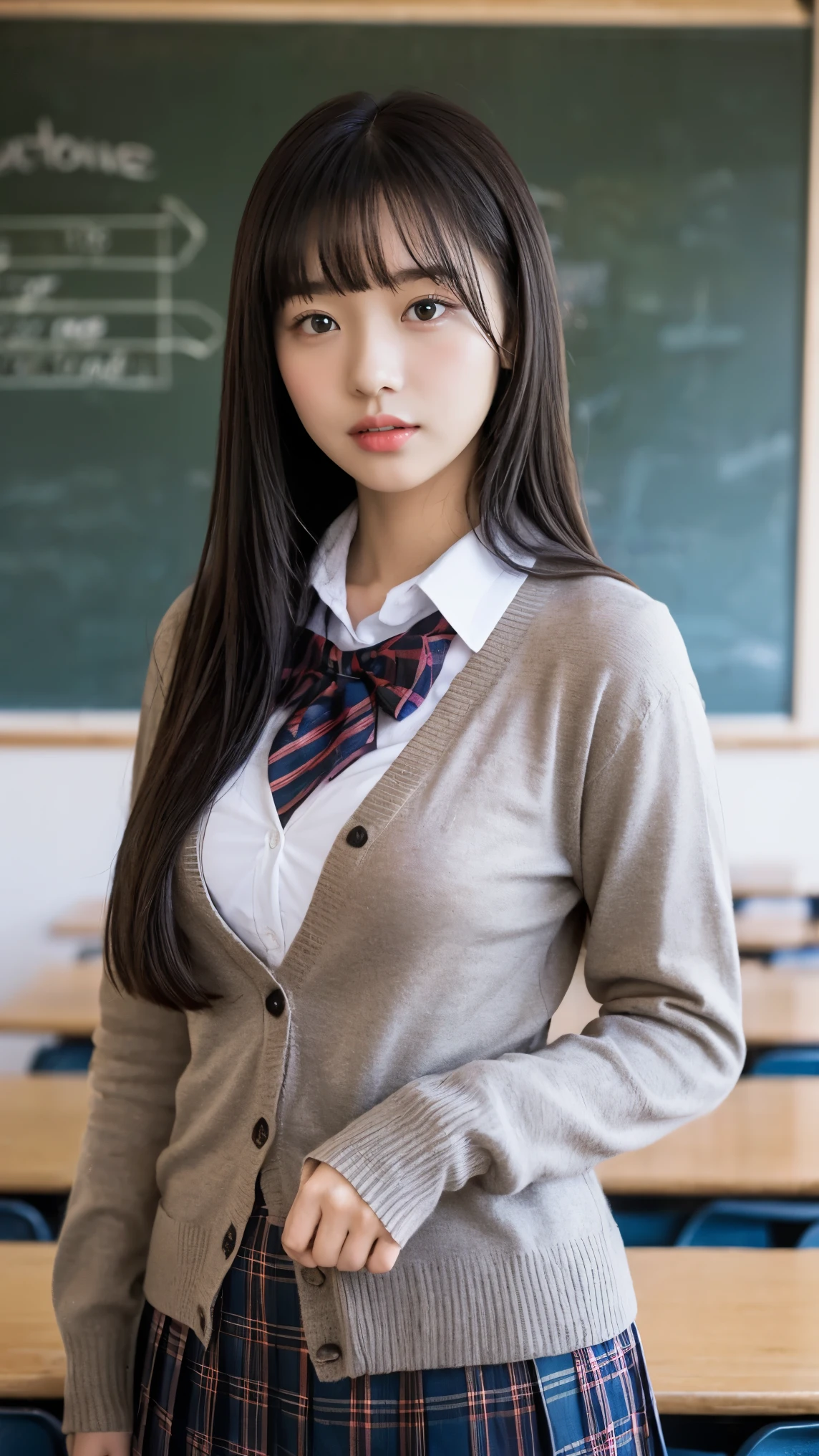 Japan girl, girl of 20 years old, wavy little long hair, black hair, brown eyes, perfect figure, transparency, luster, luster, modest breasts, thin waist, school uniform, navy blue tie, navy blue skirt, light blue shirt, pink underwear, gravure idol, classroom chair, sitting, hands on the crotch, flipping up the skirt, pink panties, hands forward, squatting,