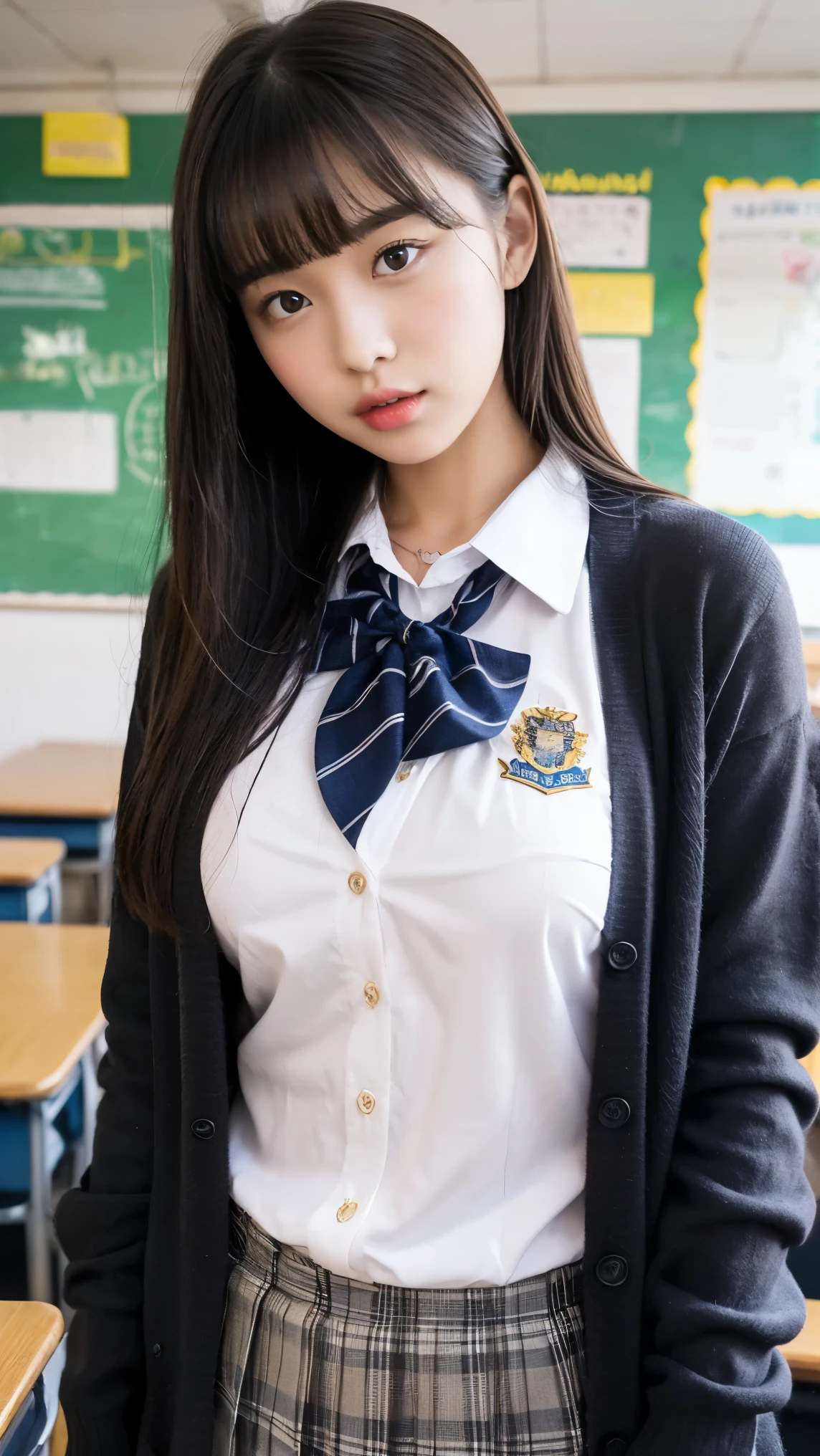 alone、high school girl、natural body shape、white skin、natural makeup、black hair、bangs、straight long hair、、(high school uniform、long sleeve cardigan、white blouse、plaid pleated skirt)、、big breasts、((The upper body is wearing a uniform))、school classroom、looking at the camera、chest exposed