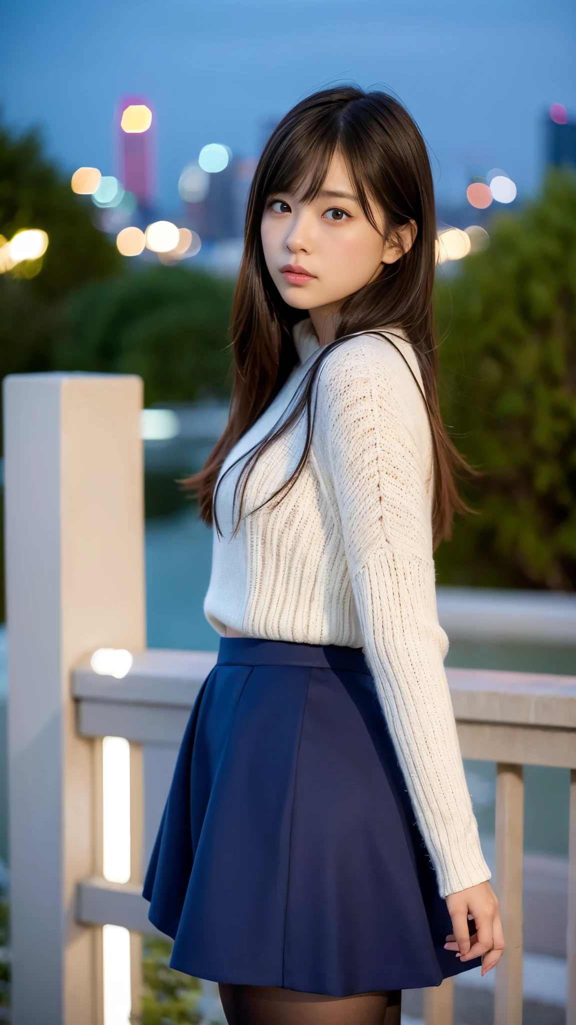 1 girl、(looking at the viewer)、(Bokeh:1.1)、parted lips、No expression、realistic、tights、skirt、skyline、realistic、アップskirt、skirtリフト、highest quality、masterpiece:1.3、超A high resolution、Angle of view from below:1.25 、panties close up:1.35、embarrassed look、The background is a night view、(look viewer:1.3)、(beautiful face:1.2)